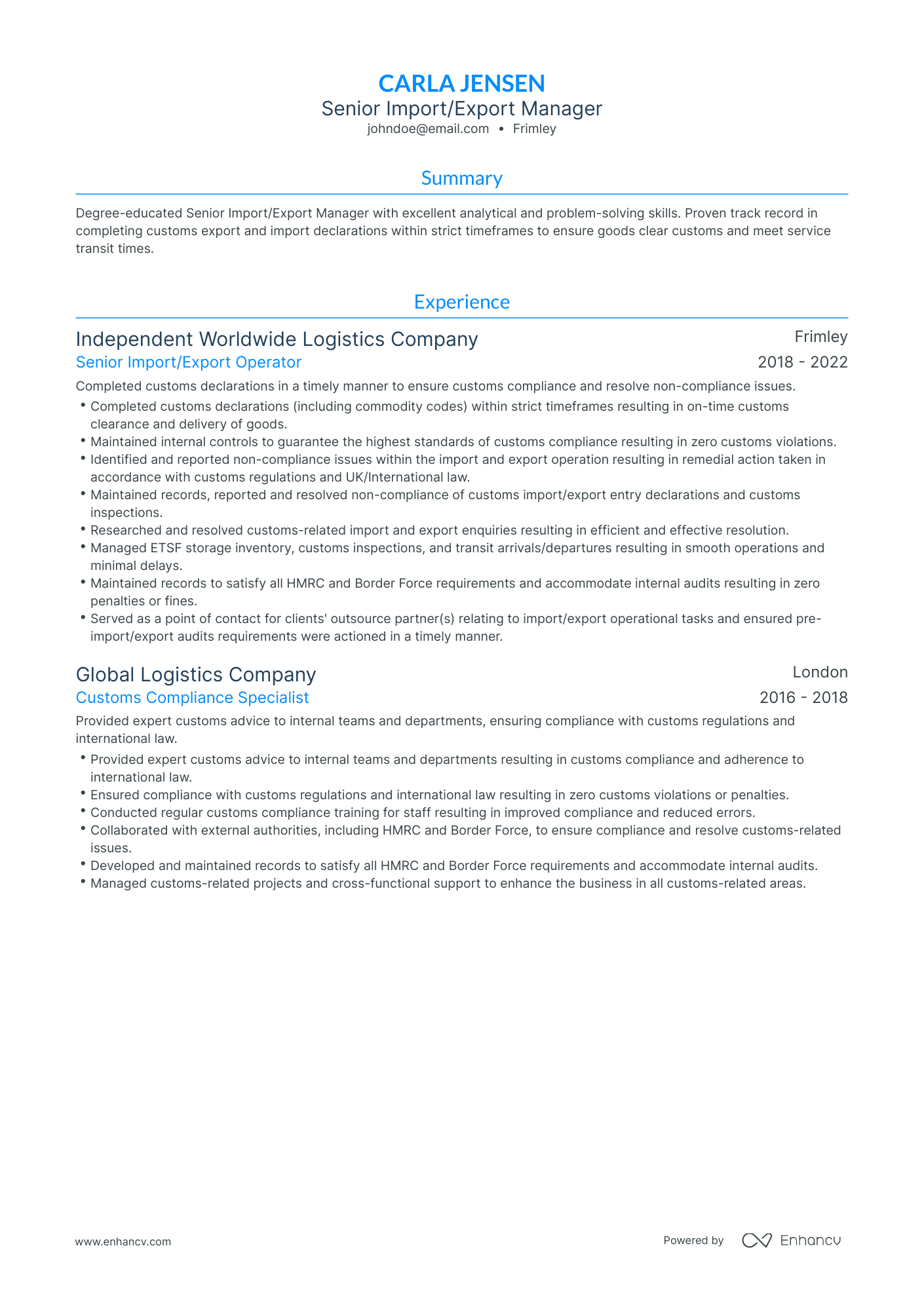 Traditional Import Export Manager Resume Template