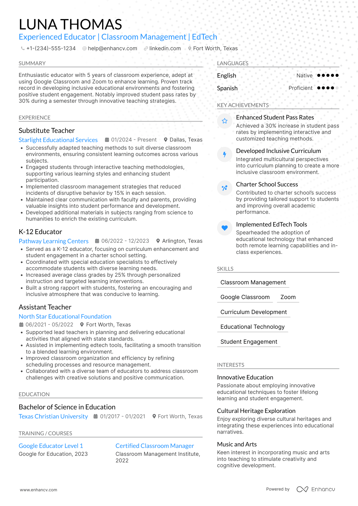 A resume example of a New Substitute Teacher