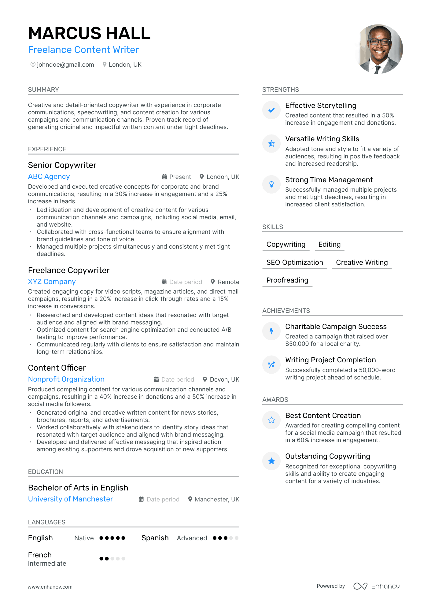 A resume example of a Freelance Content Writer