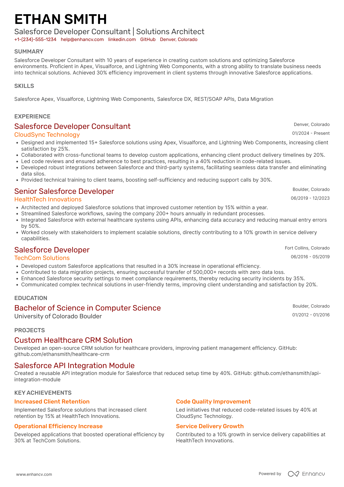 A resume example of a Salesforce Developer Consultant