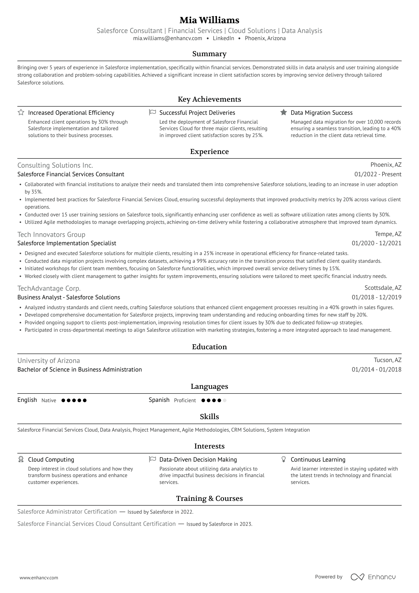 A resume example of a Financial Services Cloud Consultant
