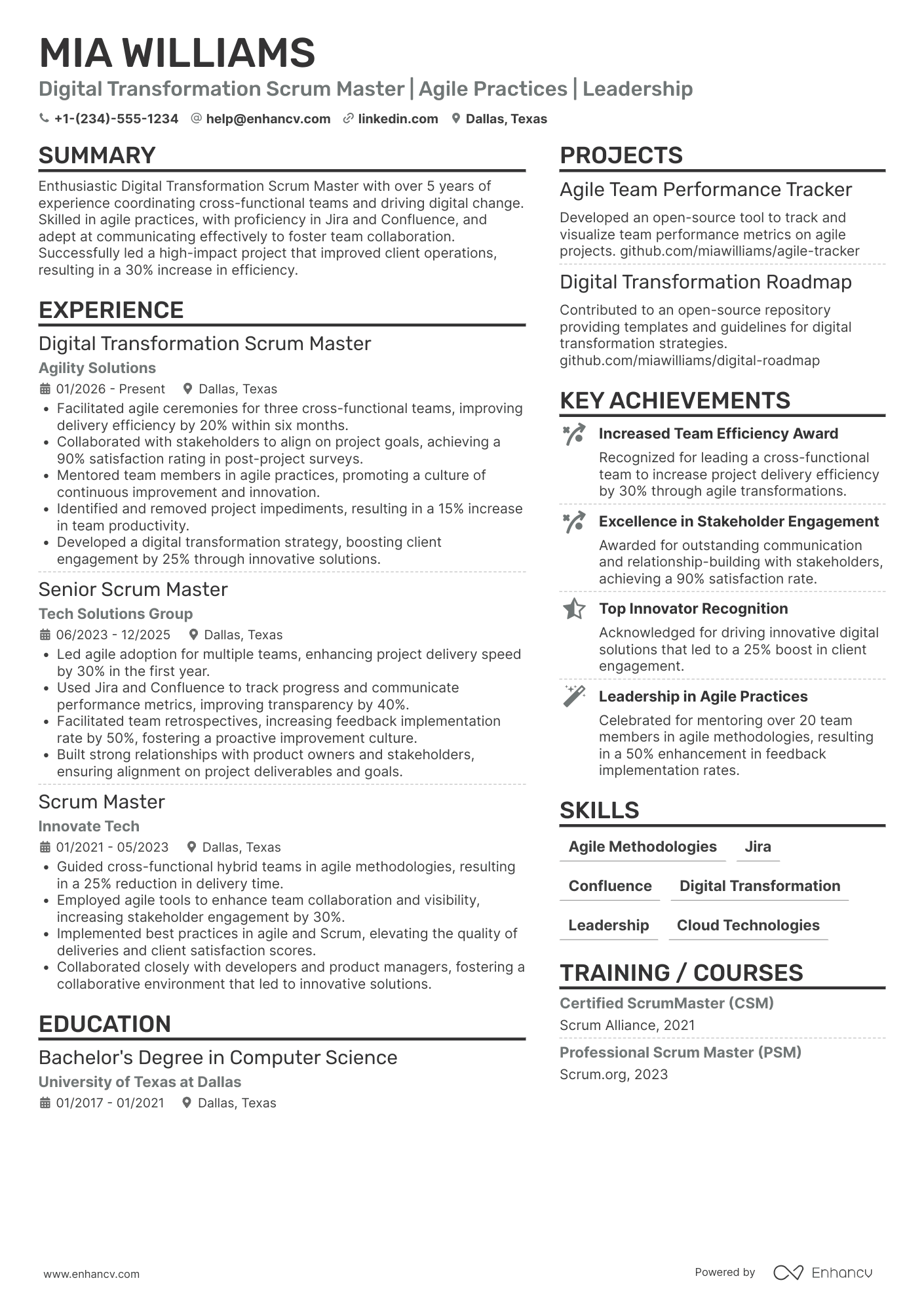 A resume example of a Digital Transformation Scrum Master