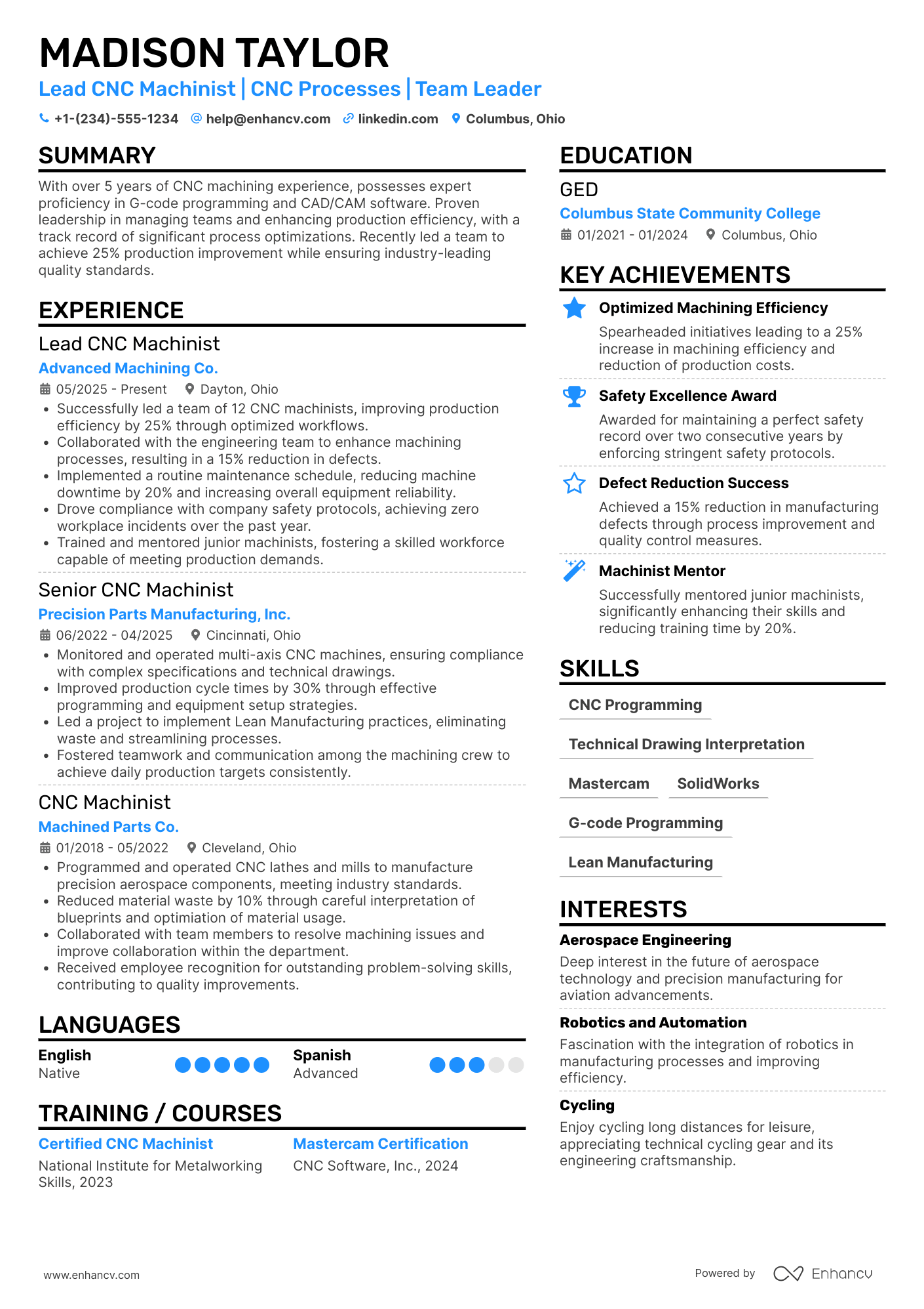A resume example of a Lead CNC Machinist