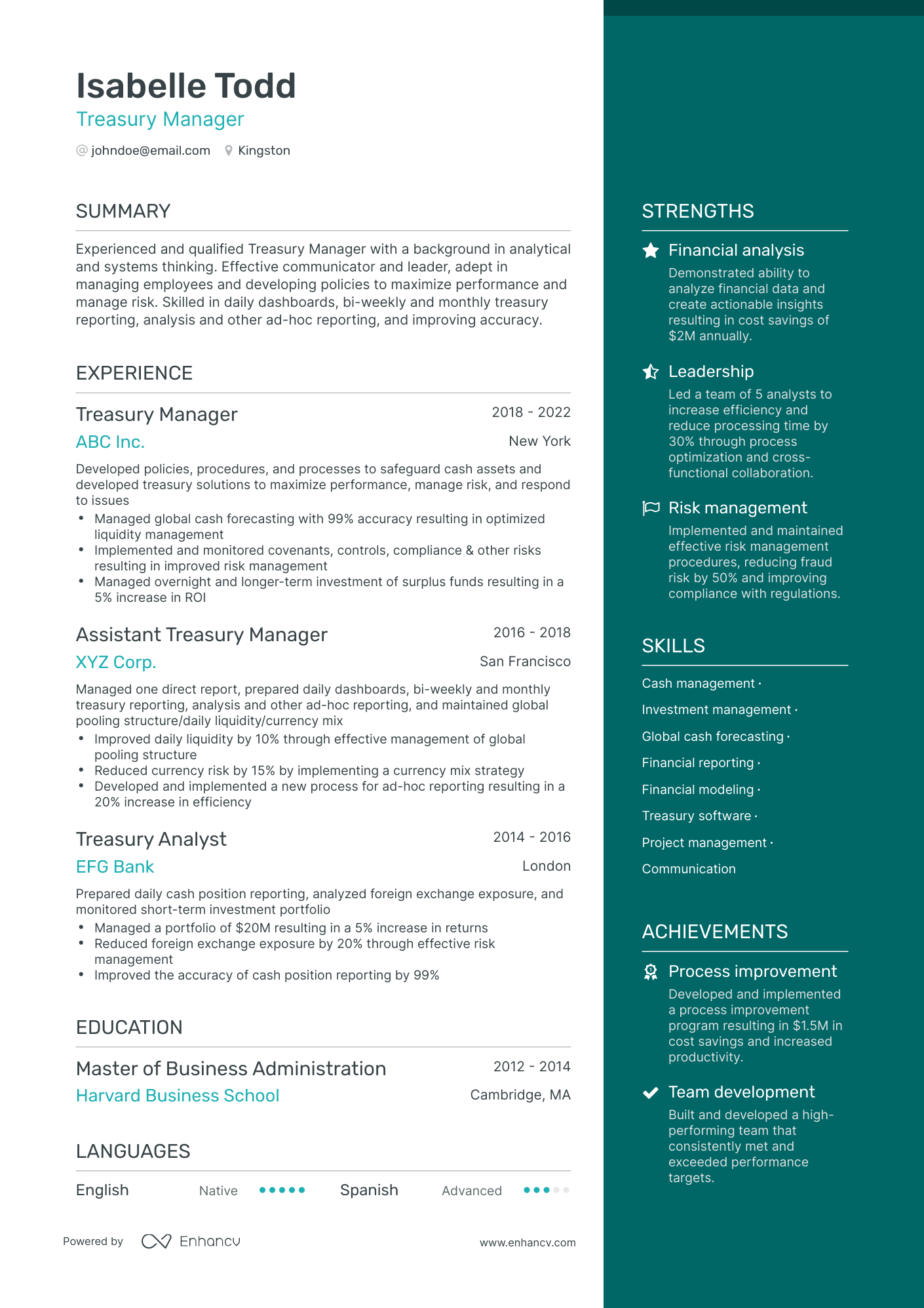 One Page Treasury Manager Resume Template