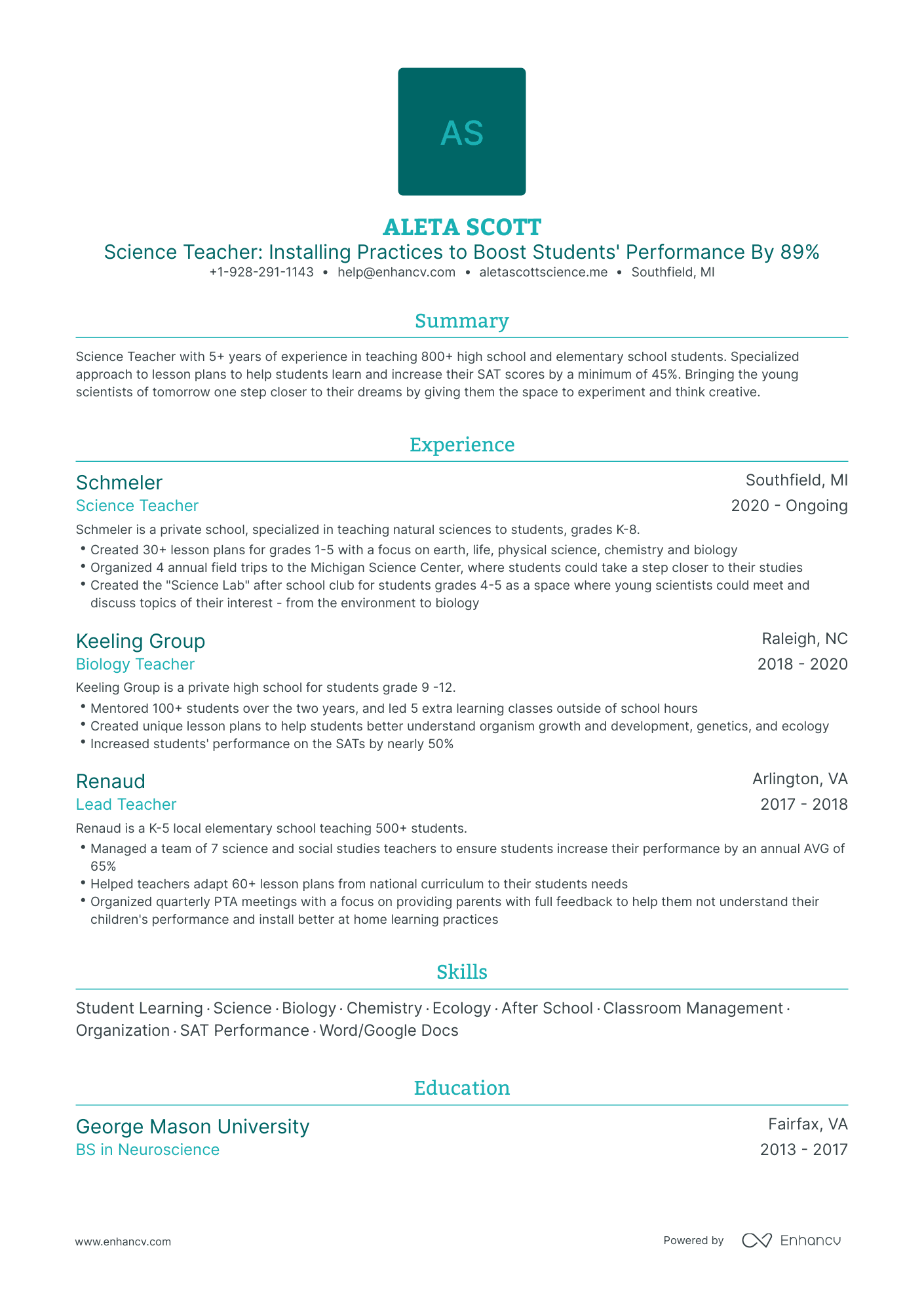 Traditional Science Teacher Resume Template