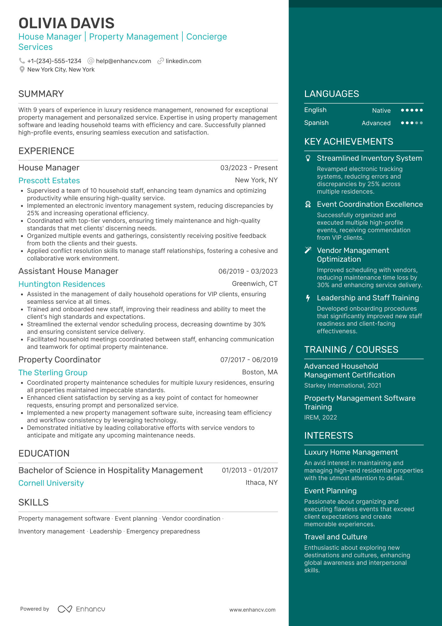 A resume example of a Live in House Manager