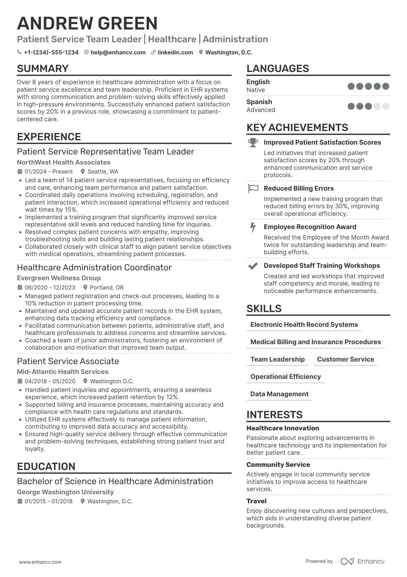 A resume example of a Patient Service Representative Team Leader