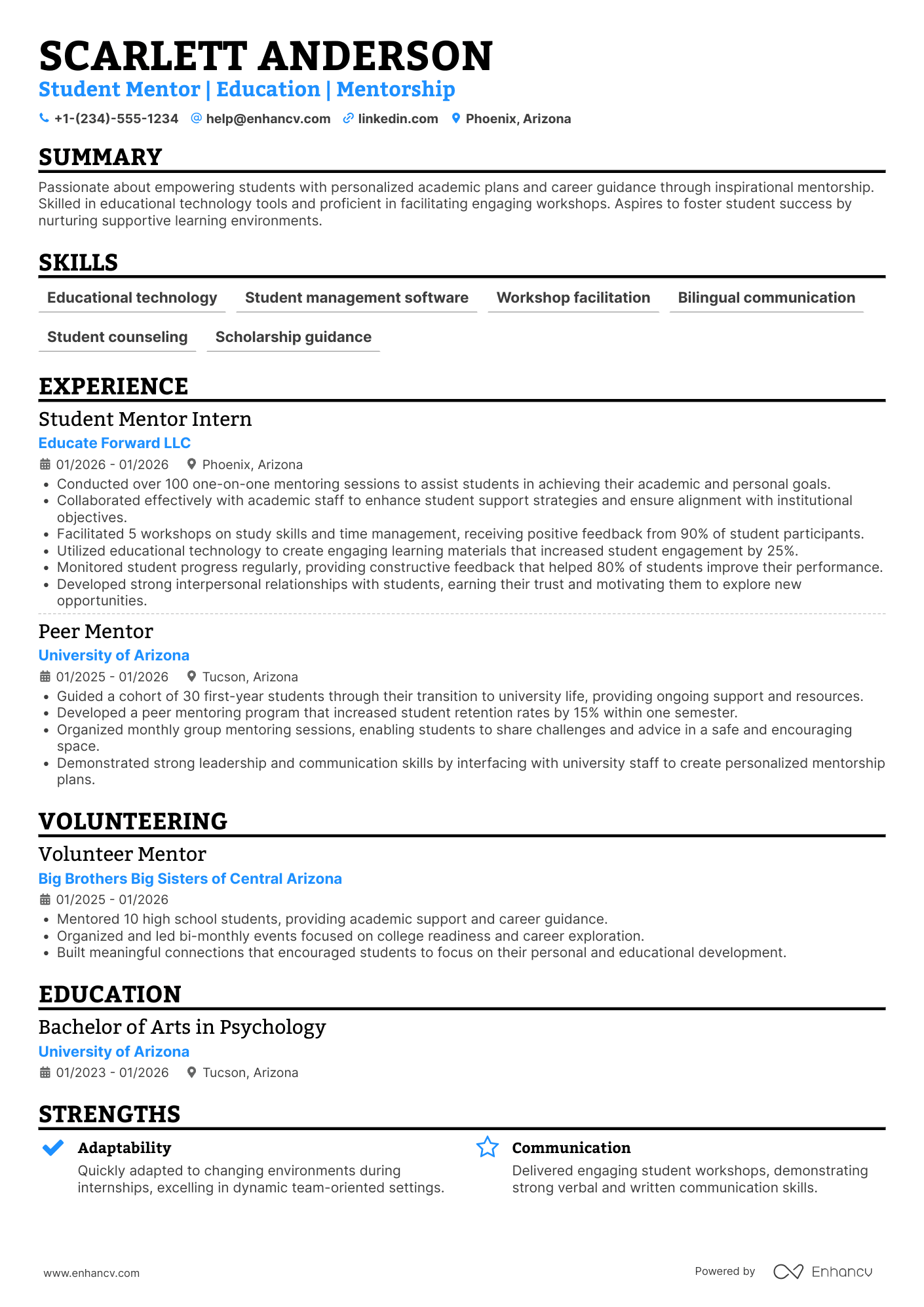 A resume example of a Student Mentor