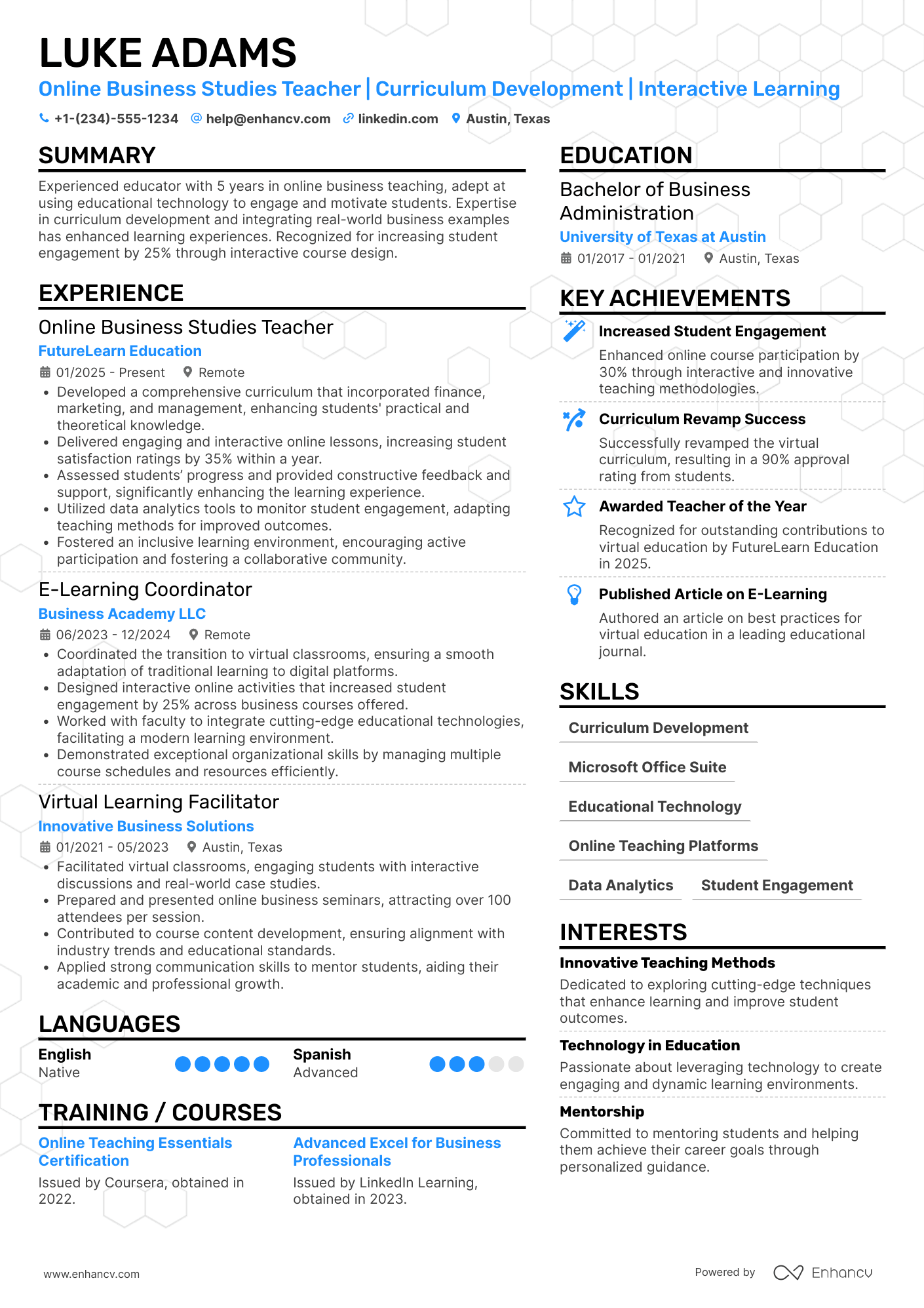A resume example of a Online Business Studies Teacher