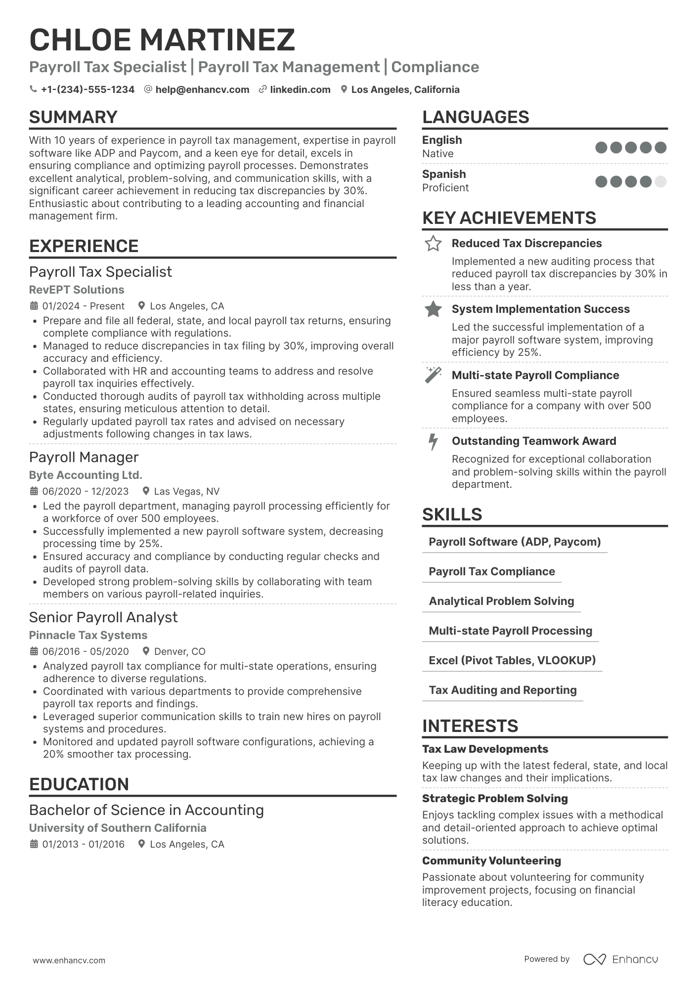 A resume example of a Payroll Tax Specialist