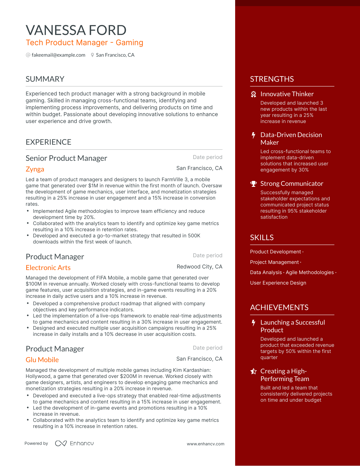 One Page Tech Product Manager Resume Template