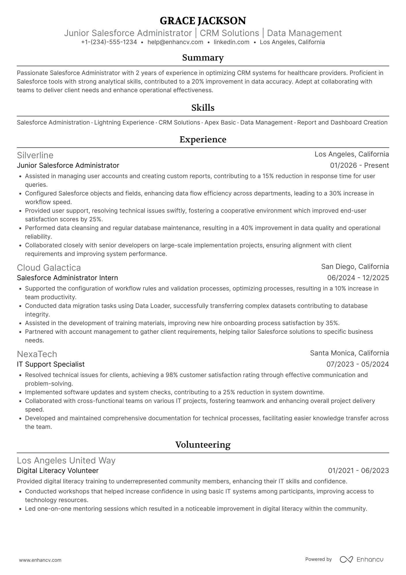 A resume example of a Junior Salesforce Administrator