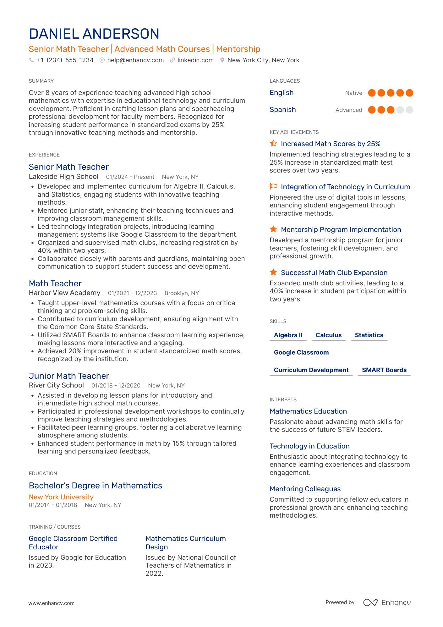 A resume example of a Senior Math Teacher