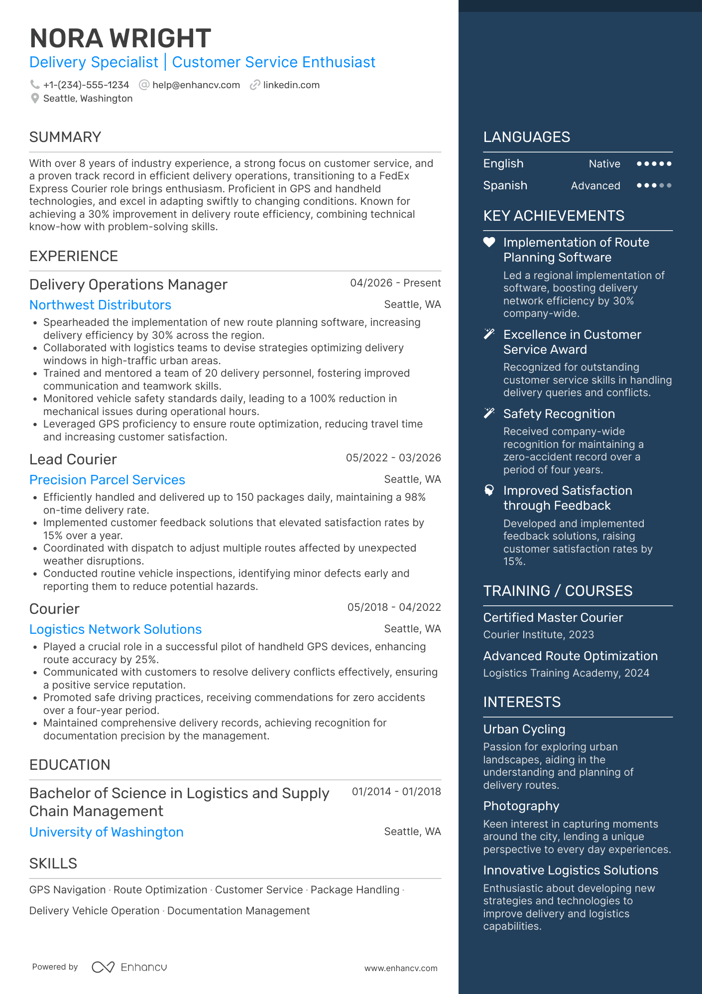 A resume example of a FedEx Express Courier