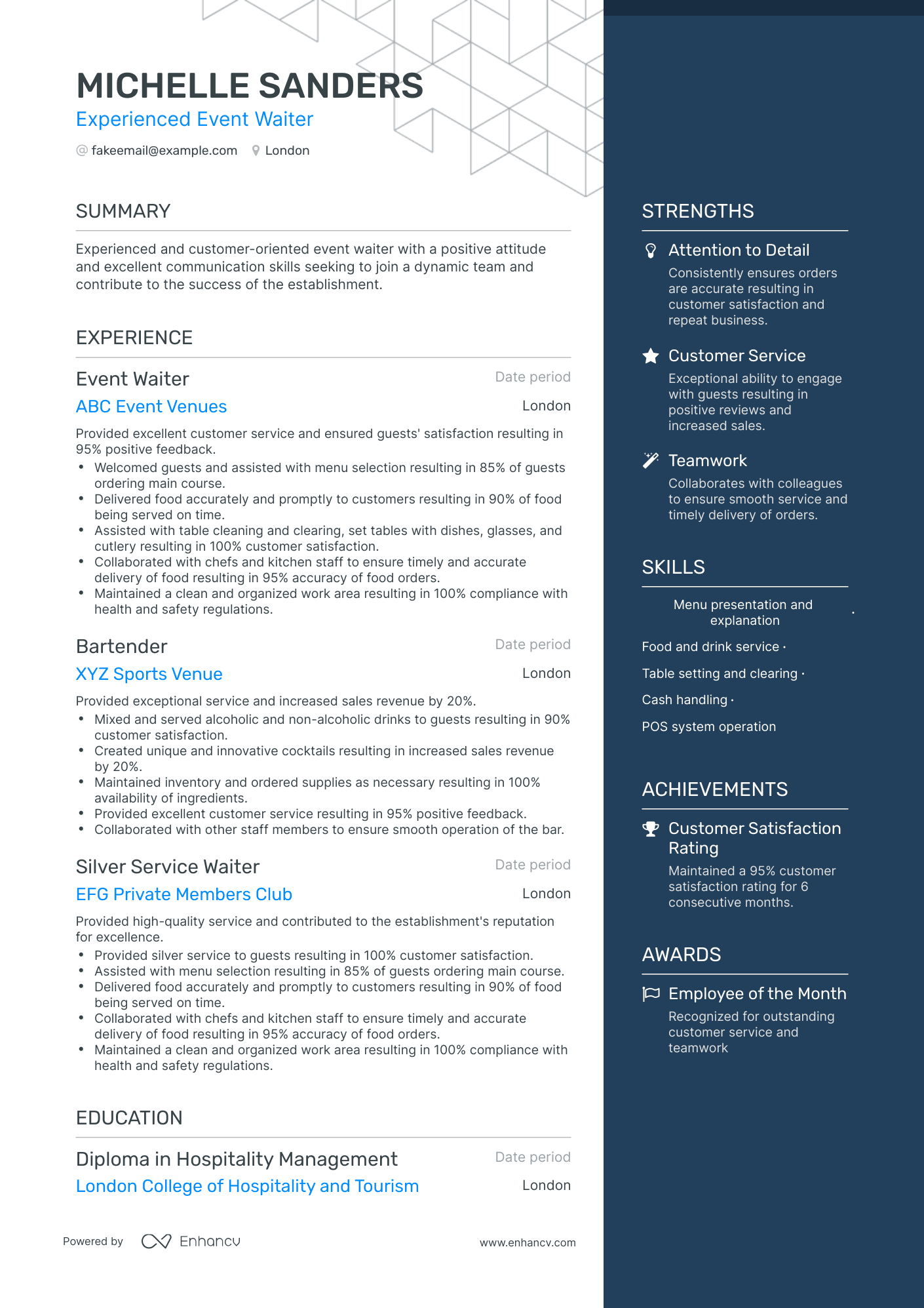 One Page Waiter Resume Template
