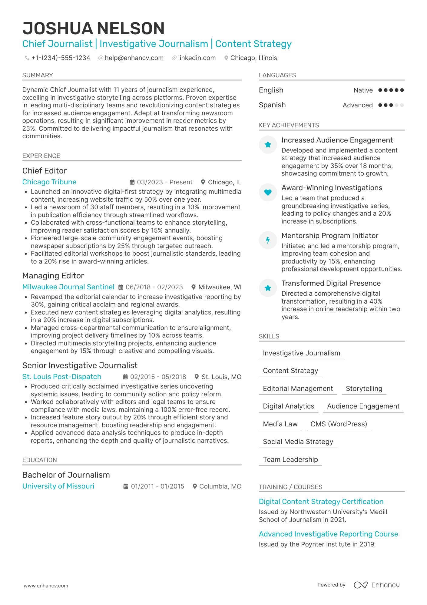 A resume example of a Chief Journalist