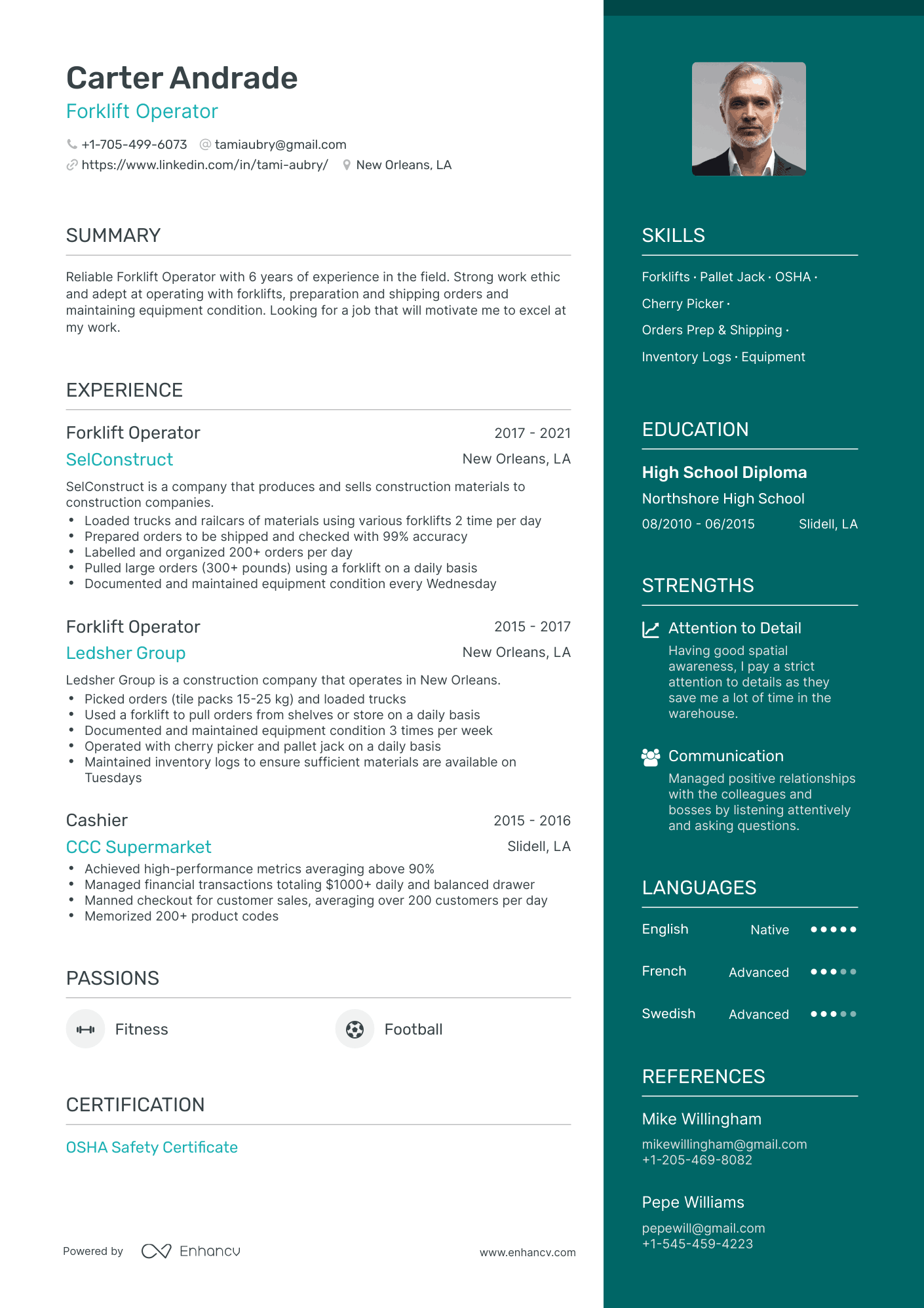One Page Forklift Operator Resume Template