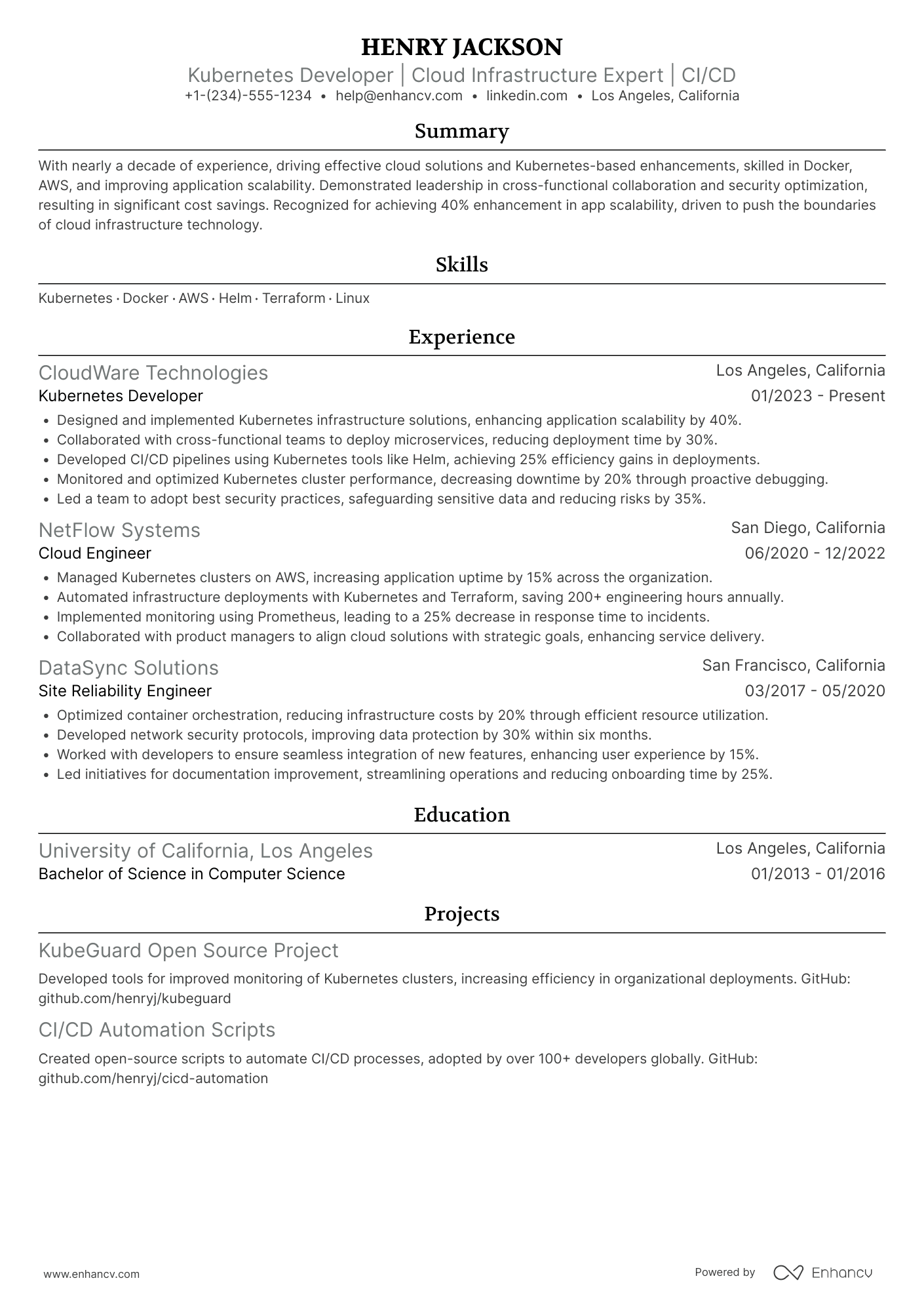 A resume example of a Kubernetes Developer