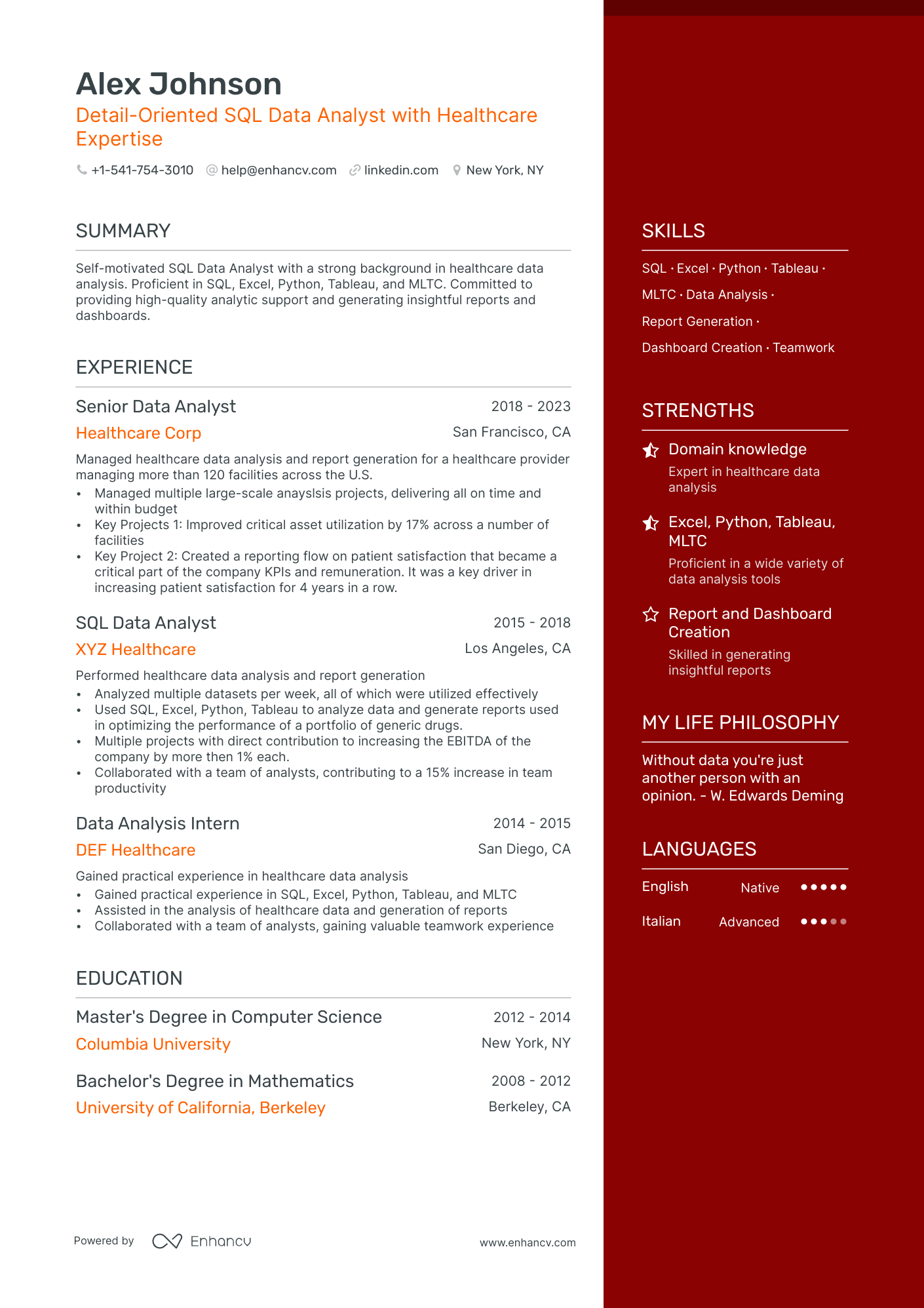 resume summary examples for data analyst
