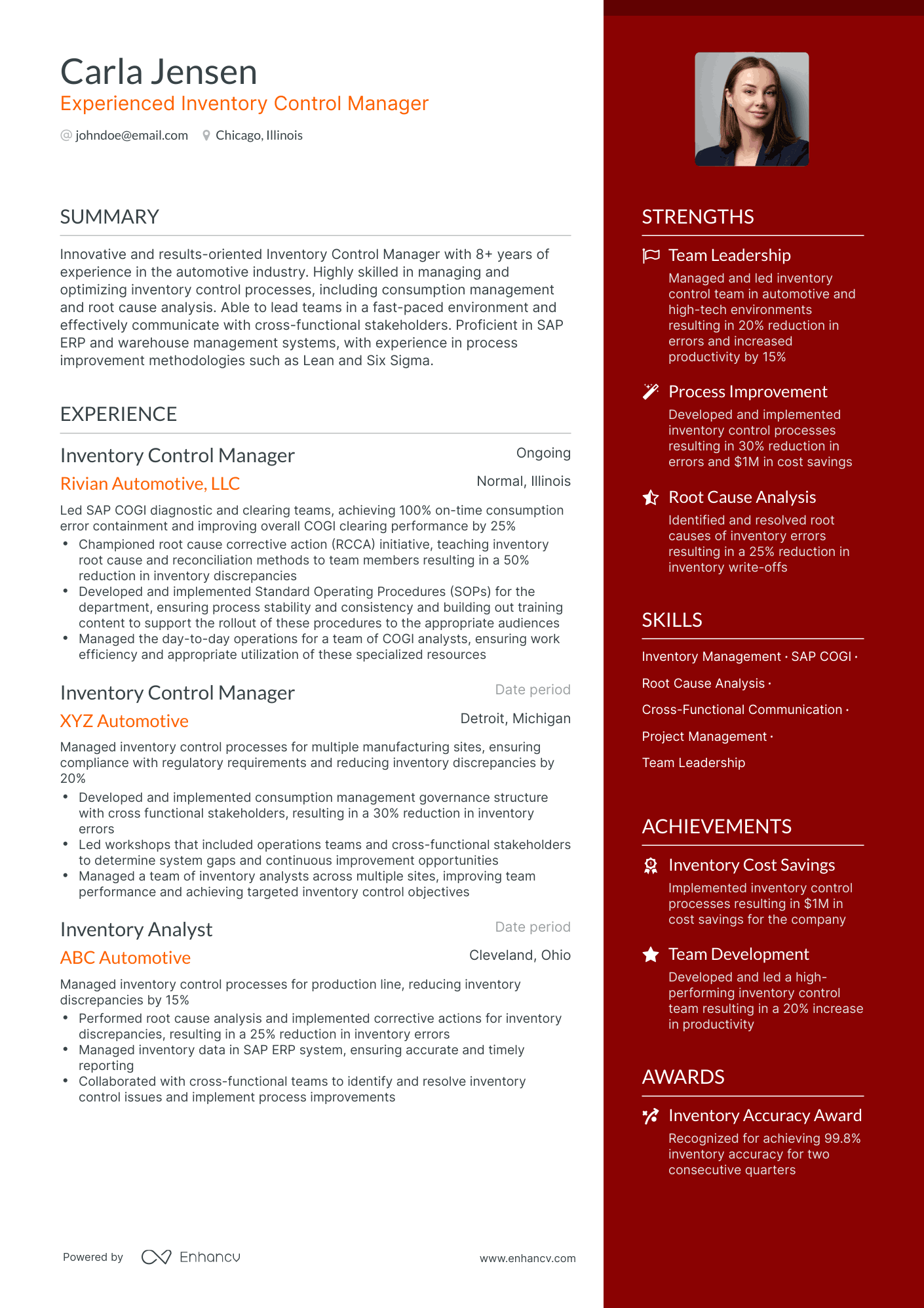 One Page Inventory Control Manager Resume Template