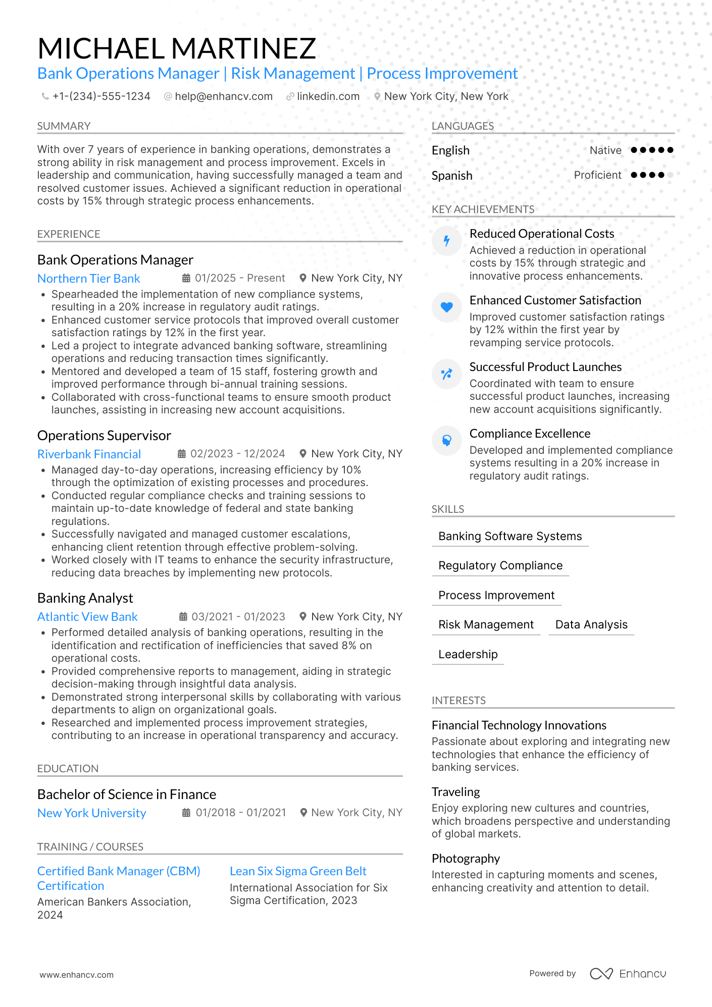 A resume example of a Bank Operations Manager