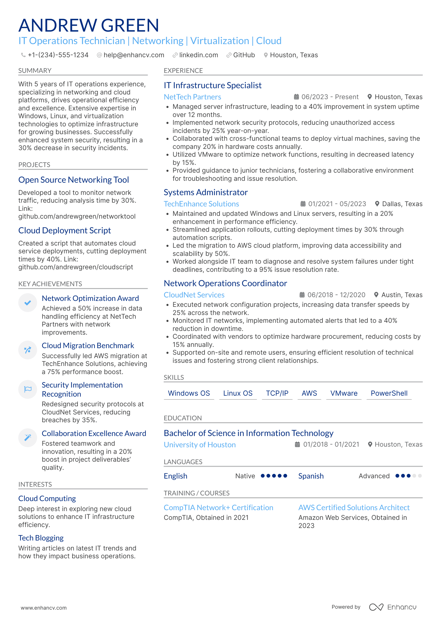 A resume example of a IT Operations Technician