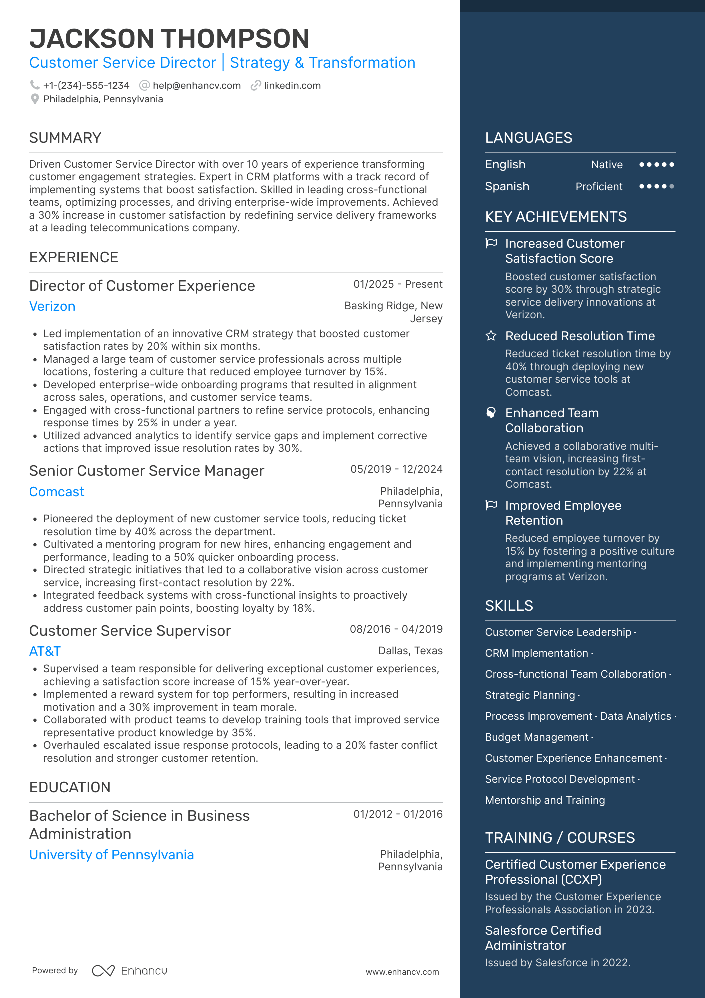 A resume example of a Customer Service Director