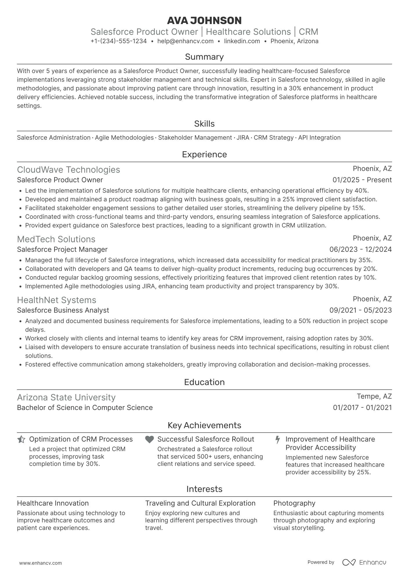 A resume example of a Salesforce Product Owner