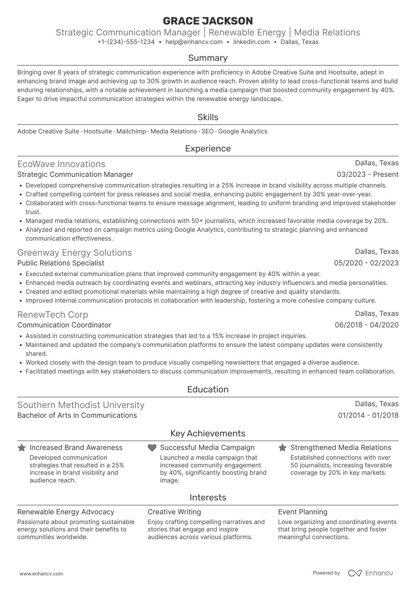 A resume example of a Strategic Communication Manager