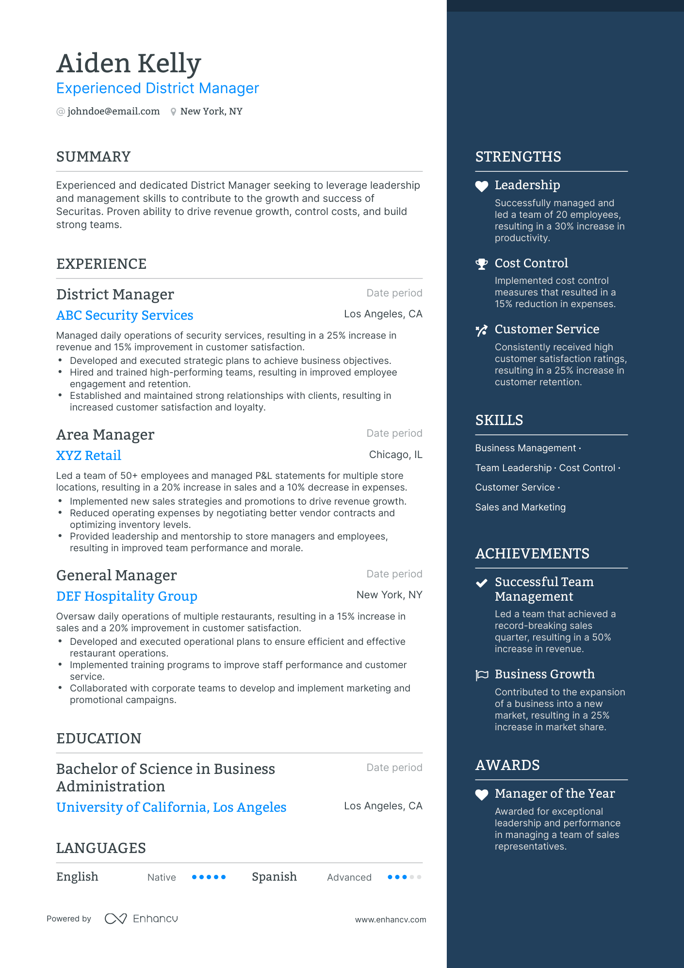One Page District Manager Resume Template