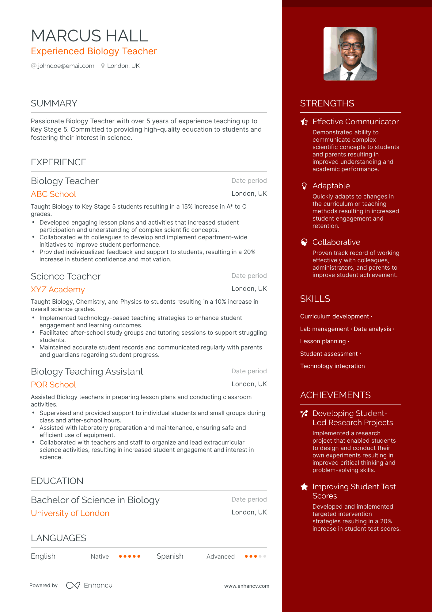 One Page Biology Resume Template