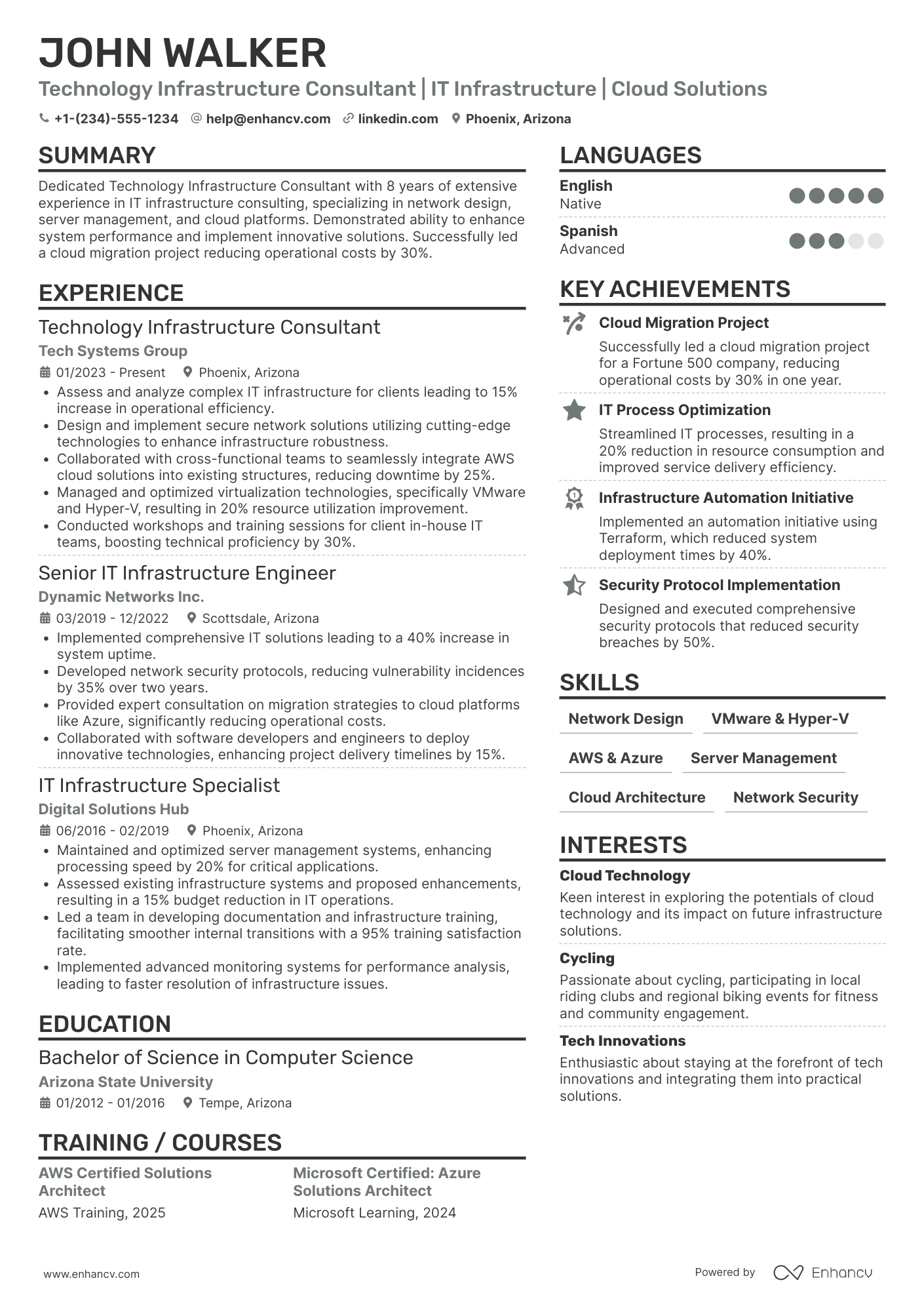 A resume example of a Technology Infrastructure Consultant