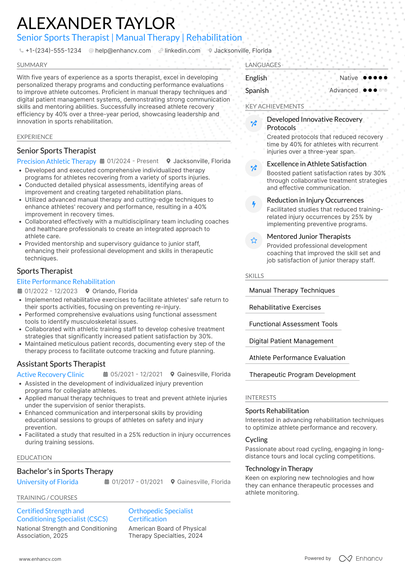 A resume example of a Senior Sports Therapist