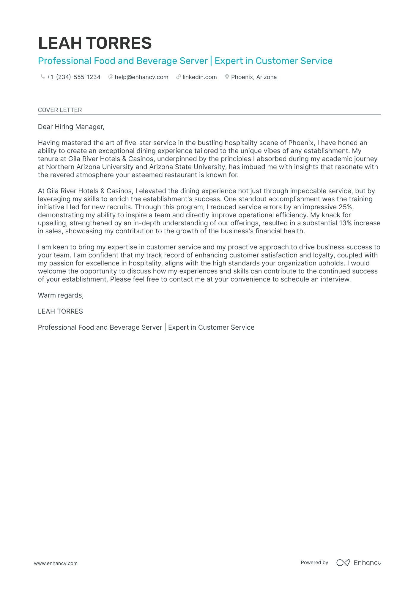 cover letter about waiter