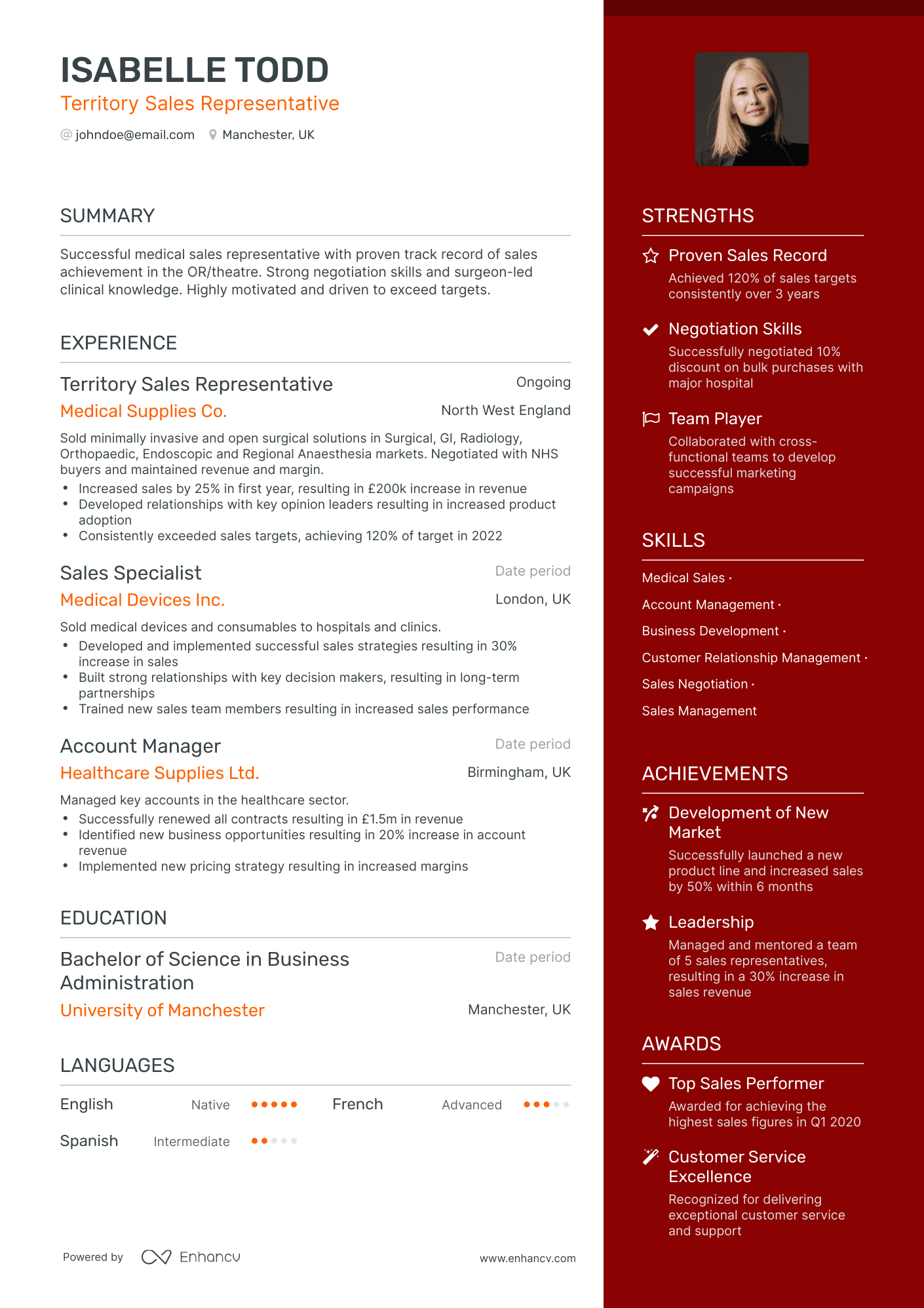 One Page Territory Sales Representative Resume Template