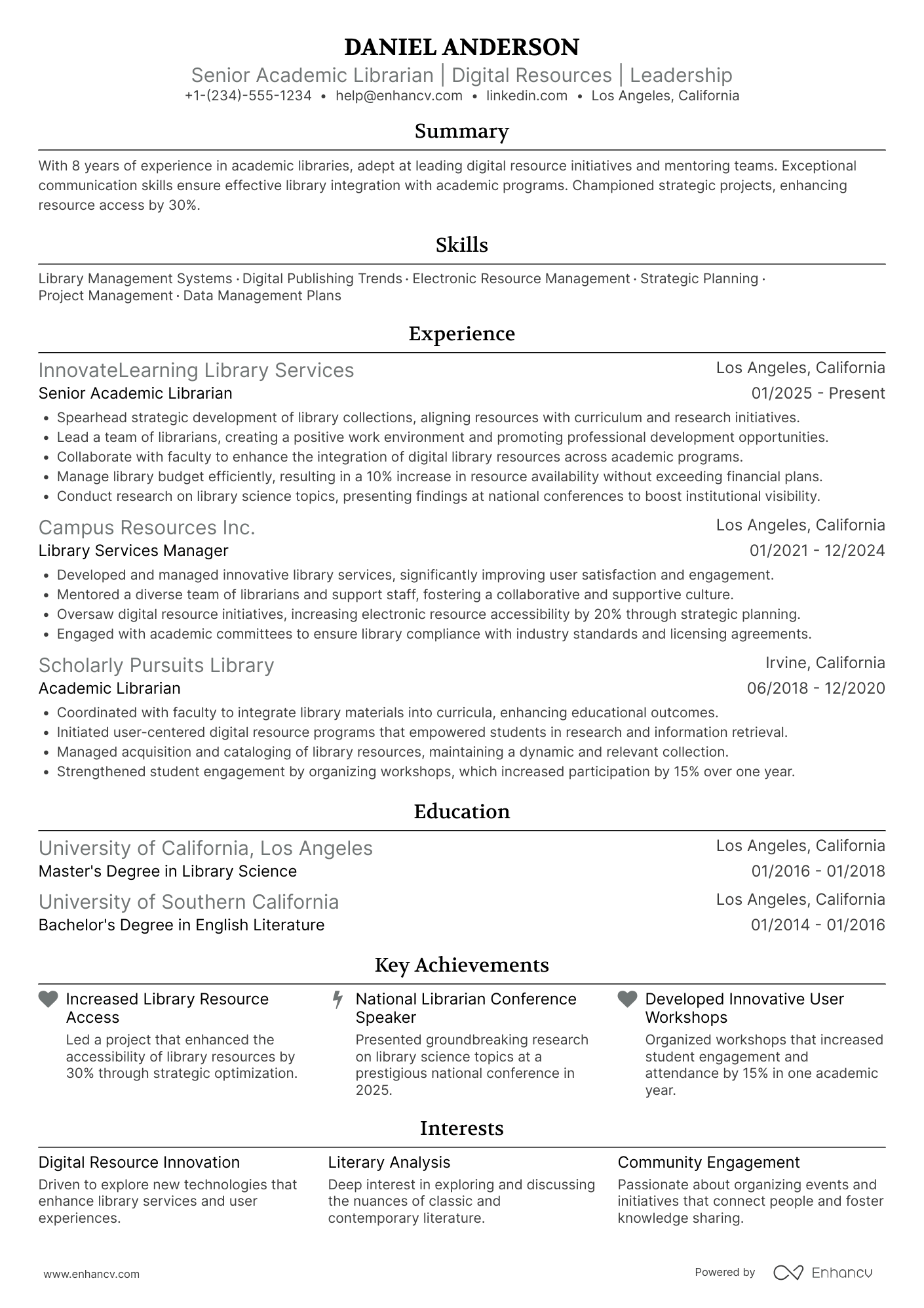 A resume example of a Senior Academic Librarian