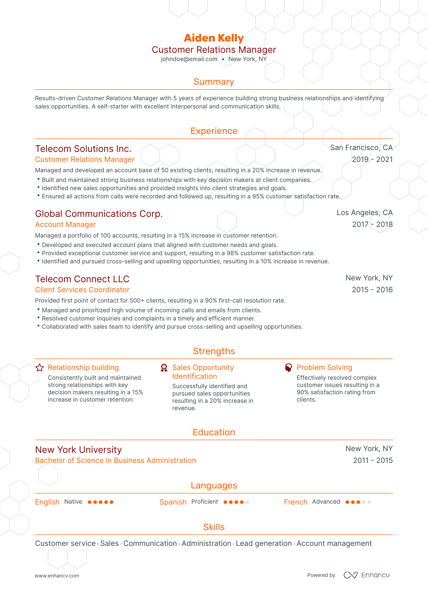 Traditional Customer Relations Manager Resume Template