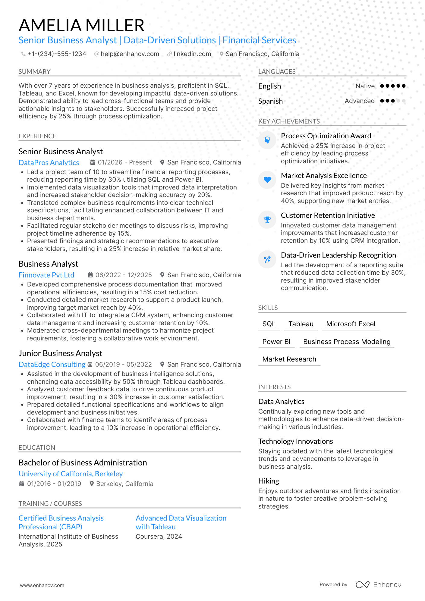 A resume example of a Senior Business Analyst