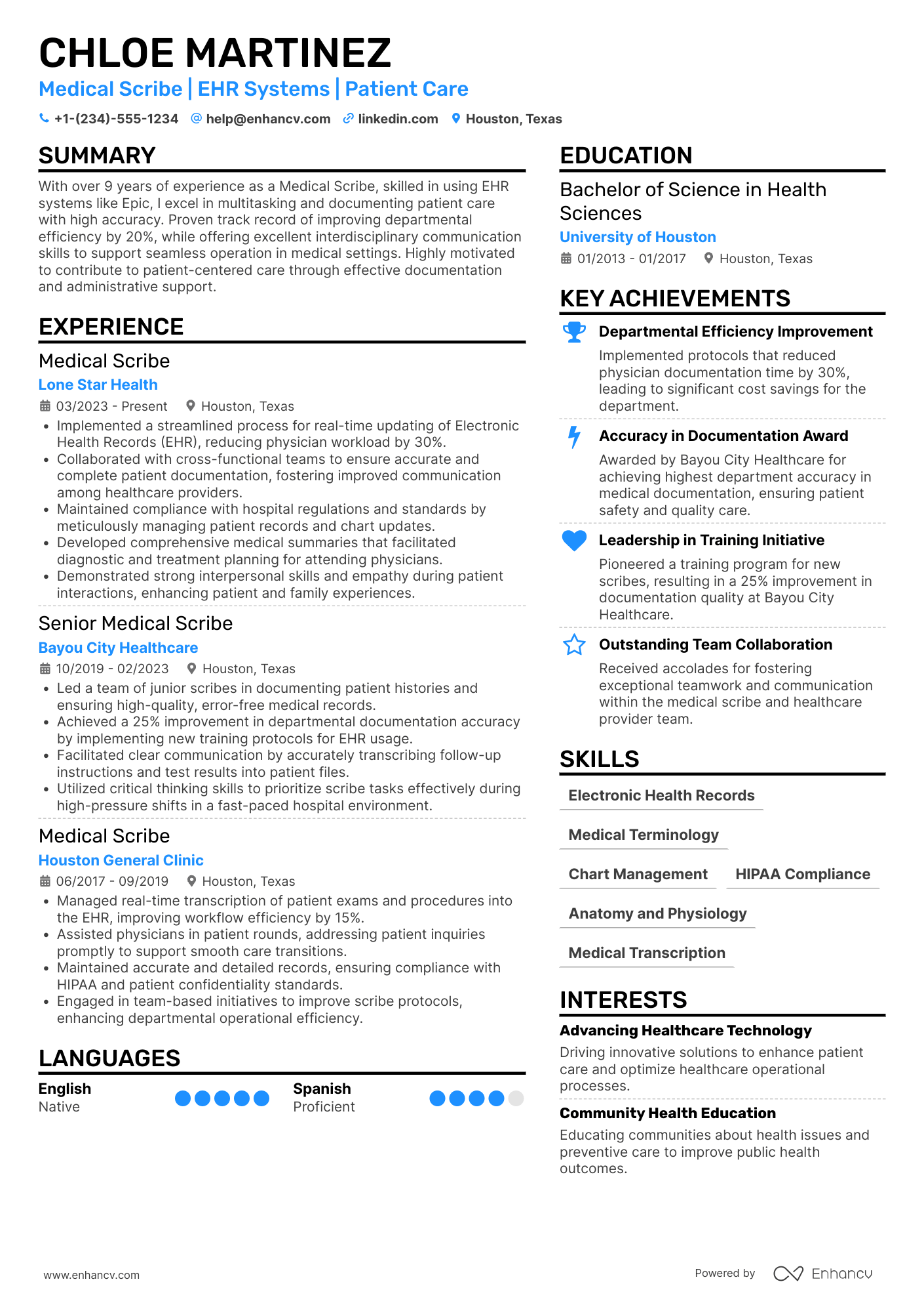 A resume example of a Inpatient Medical Scribe
