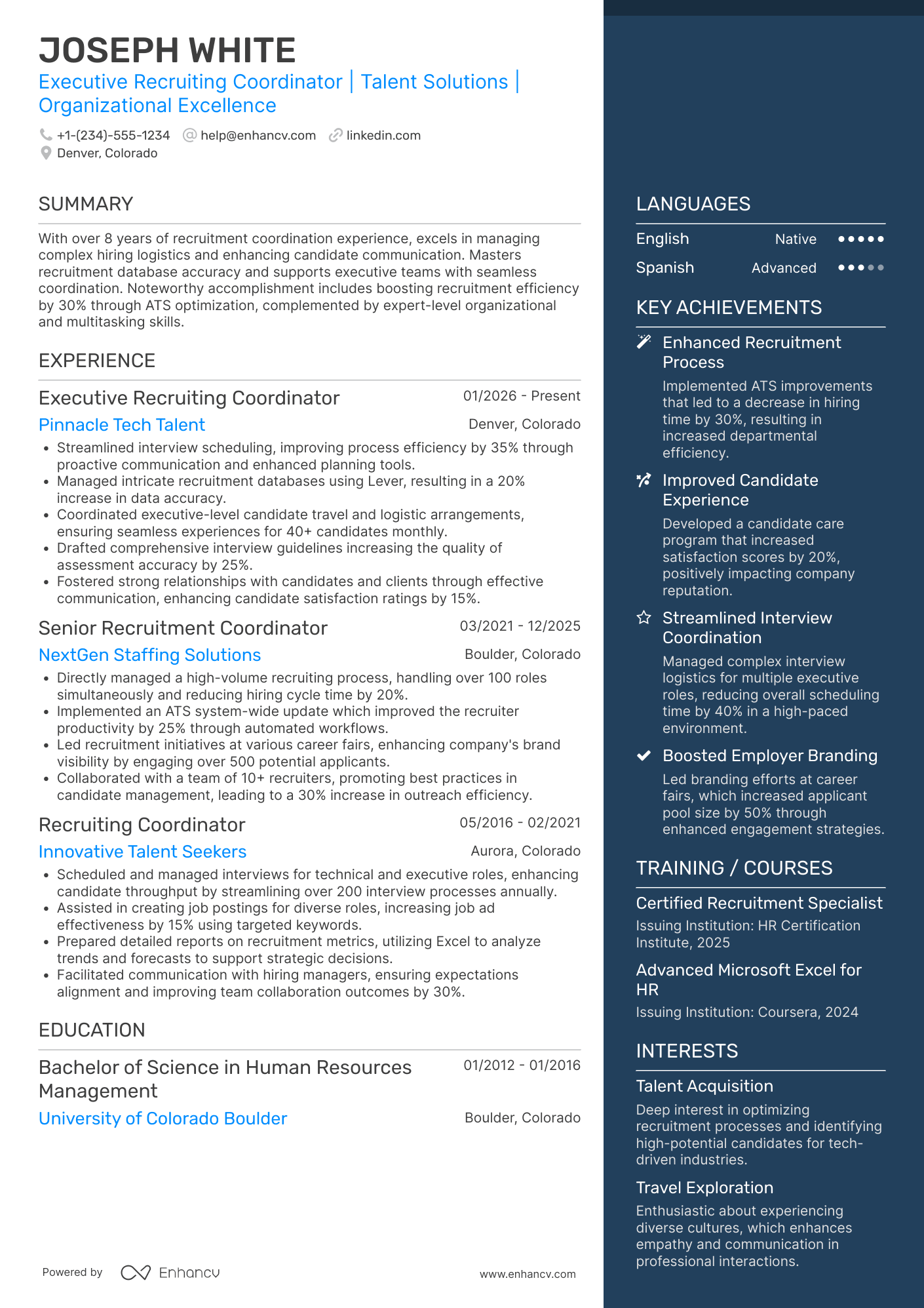 A resume example of a Executive Recruiting Coordinator