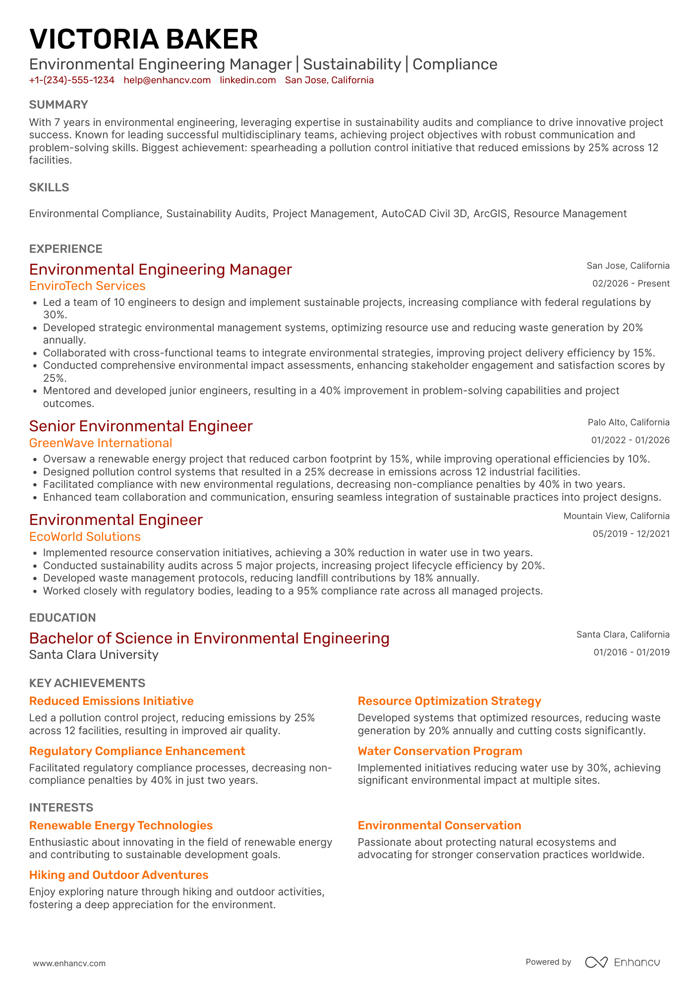 A resume example of a Environmental Engineering Manager
