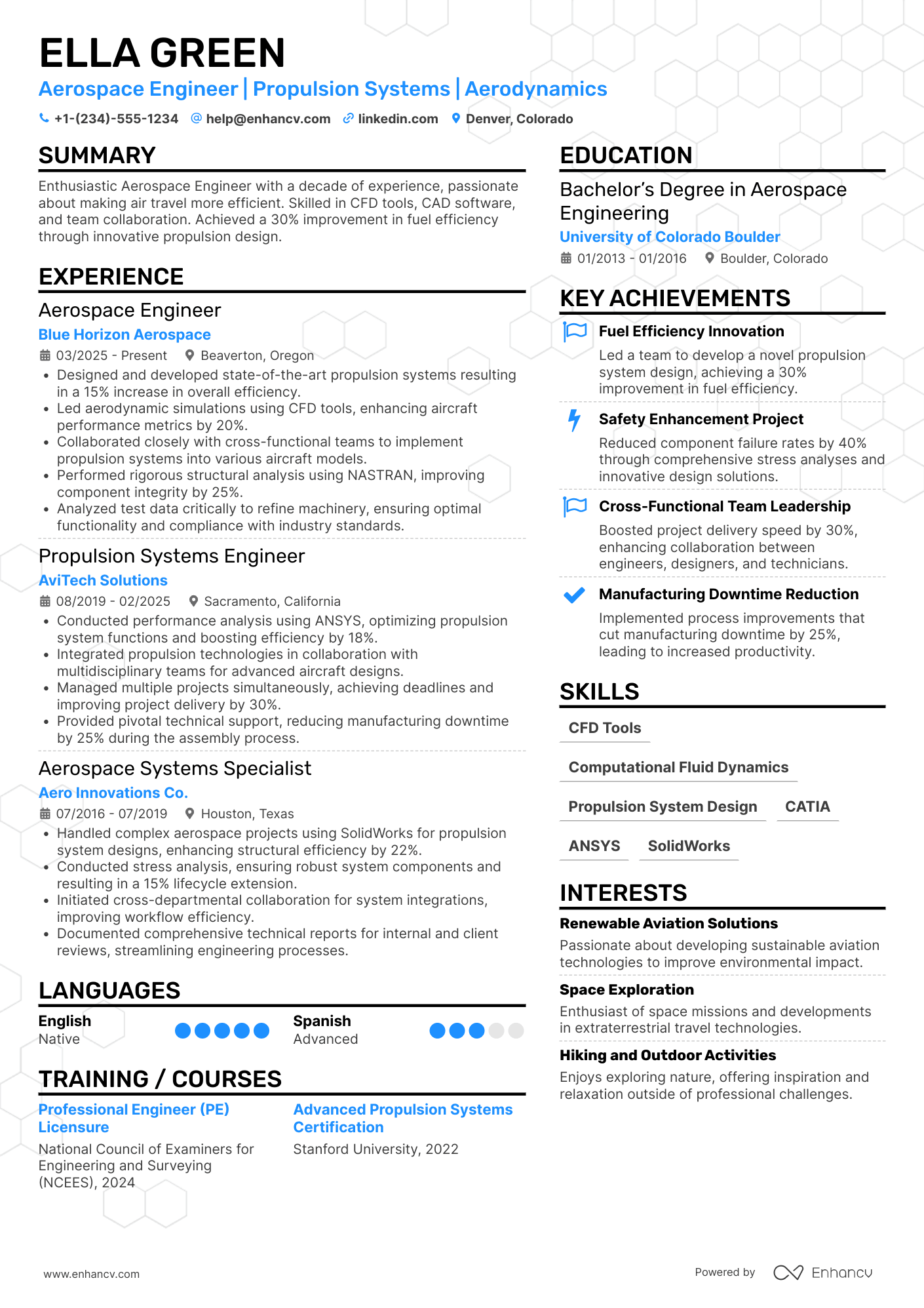 A resume example of a Aerospace Engineering