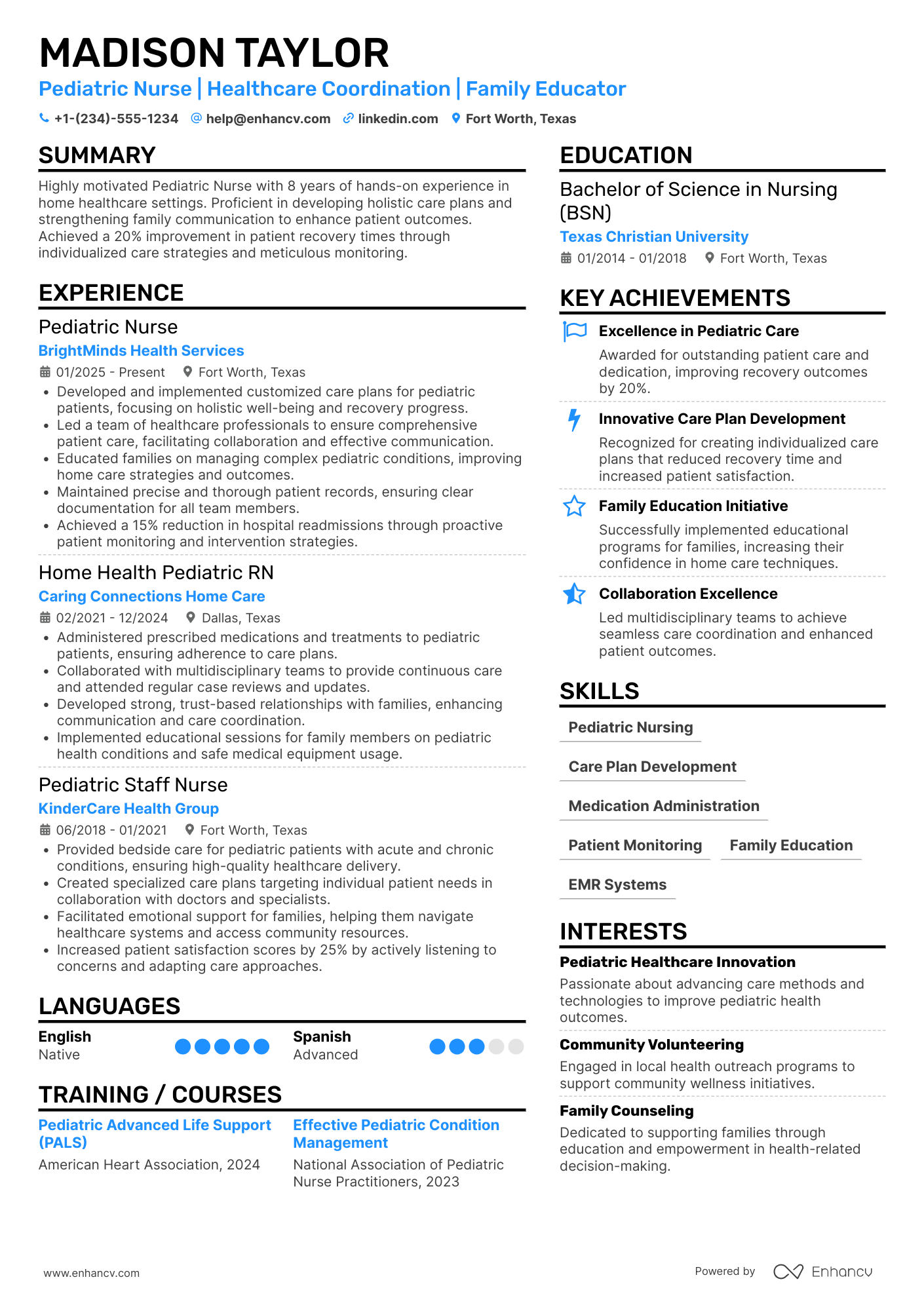 A resume example of a Pediatric Home Health Nurse