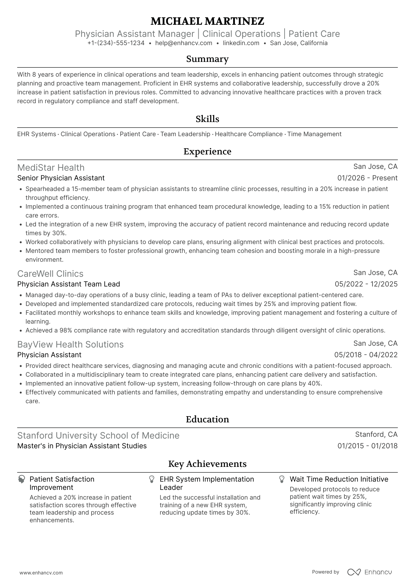 A resume example of a Physician Assistant Manager