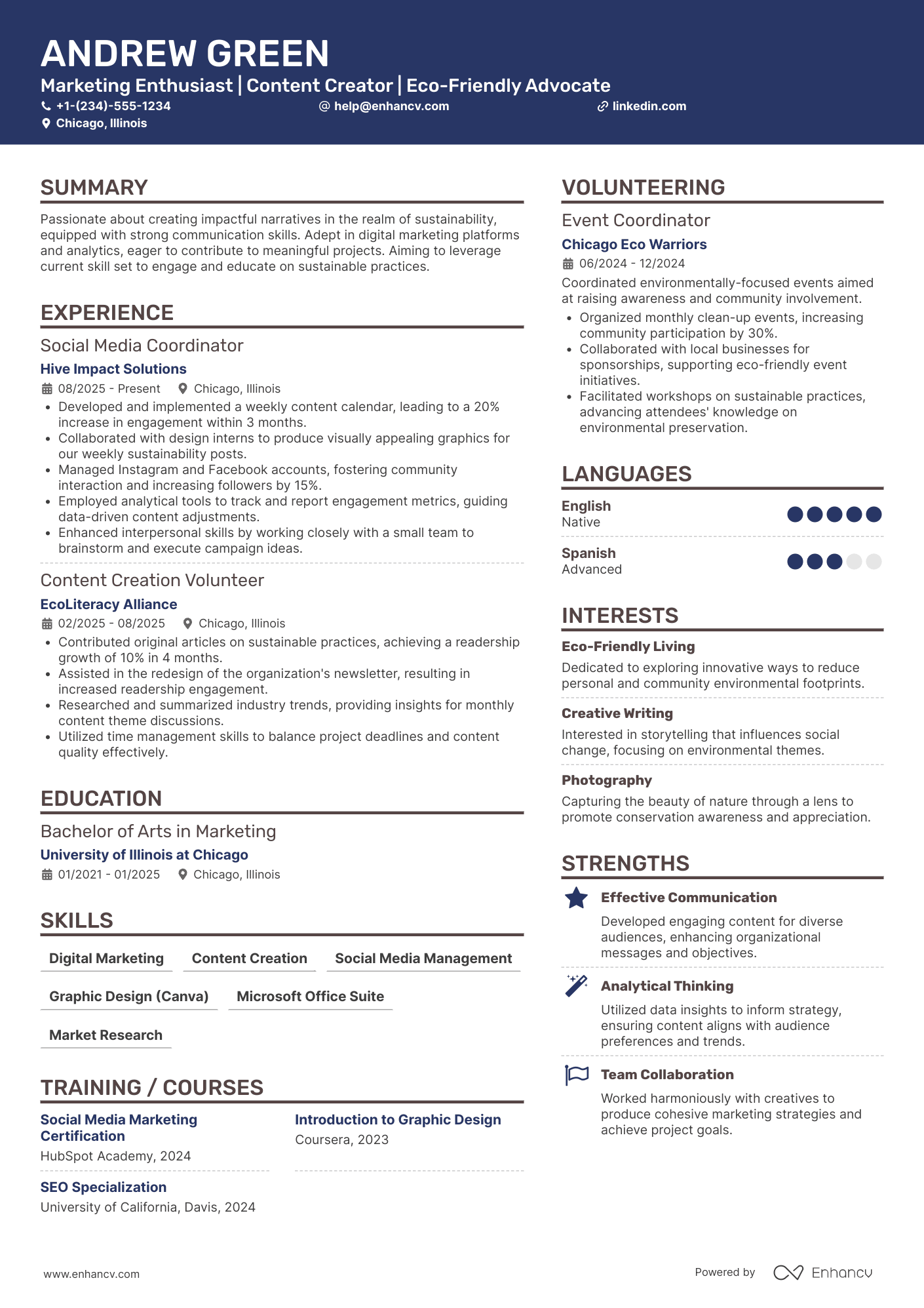 A resume example of a Marketing Communications Intern