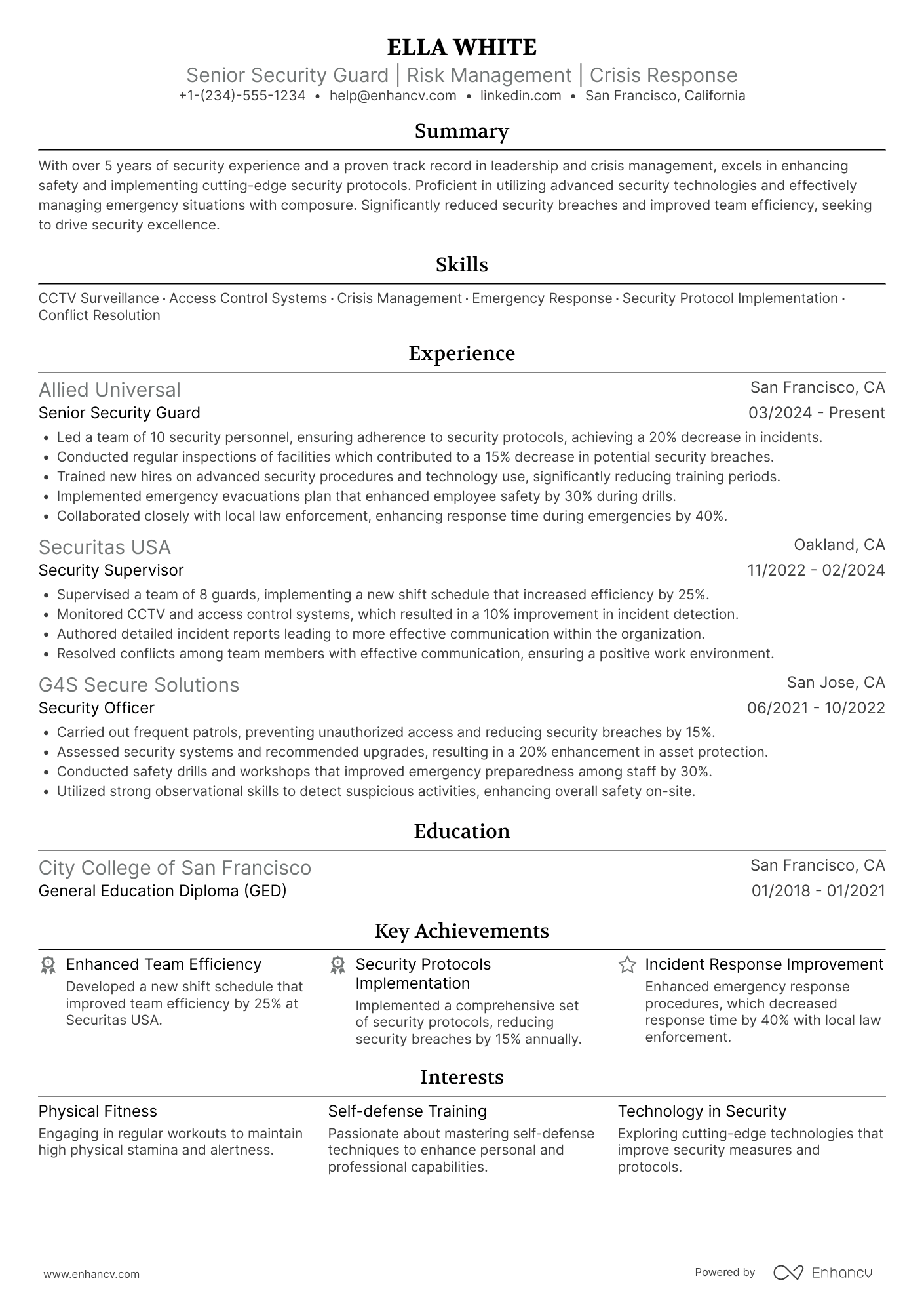 A resume example of a Senior Security Guard