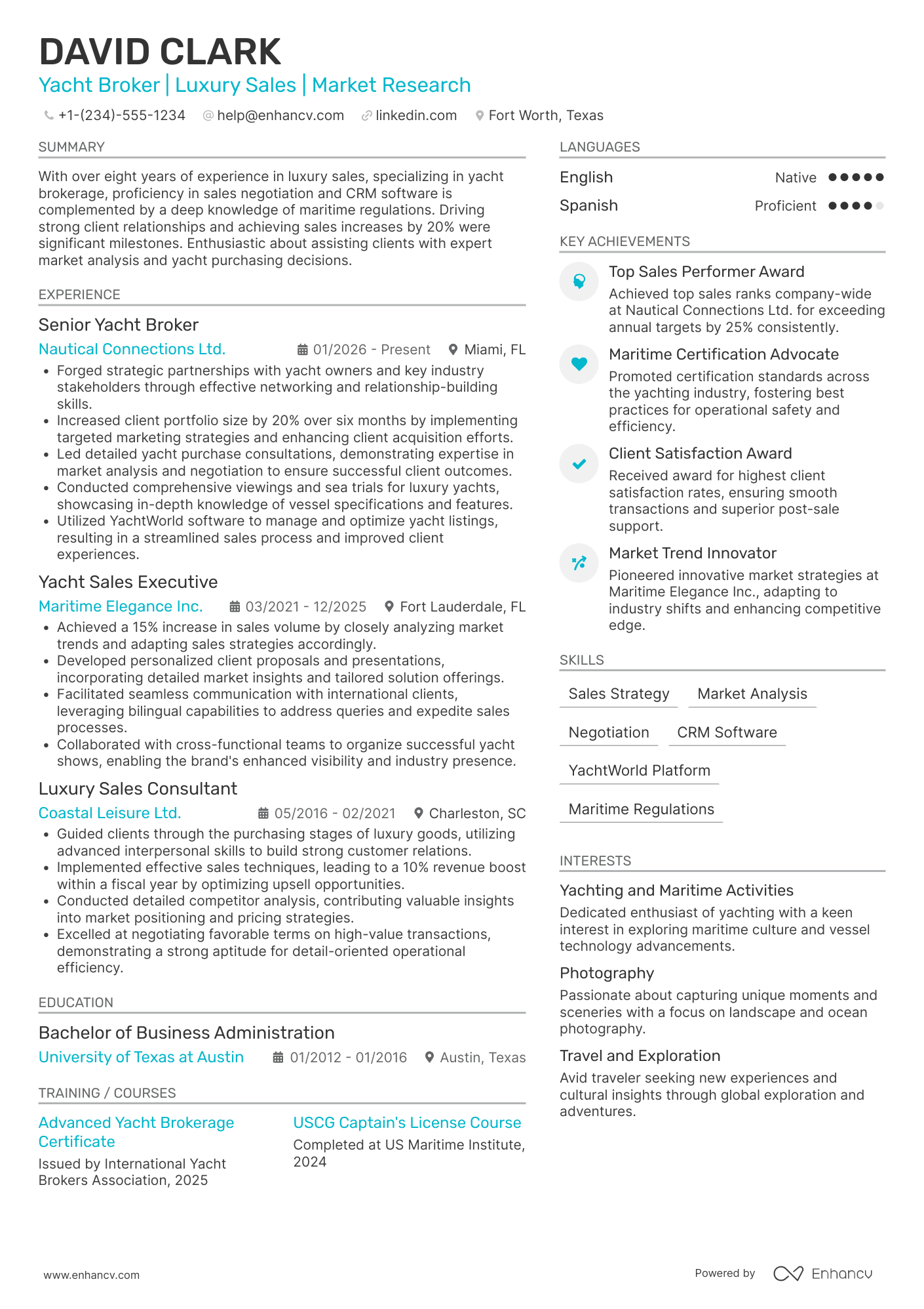 A resume example of a Yacht Broker