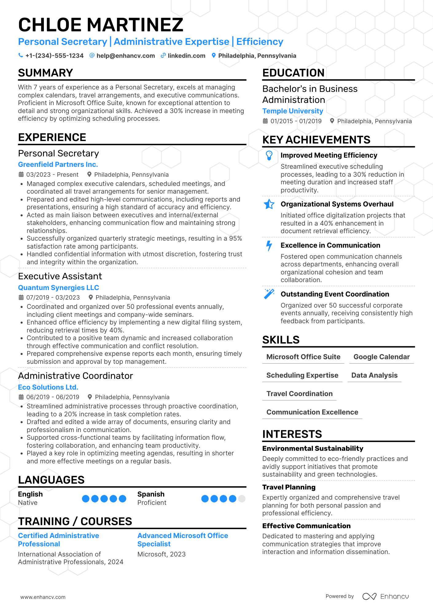 A resume example of a Personal Secretary