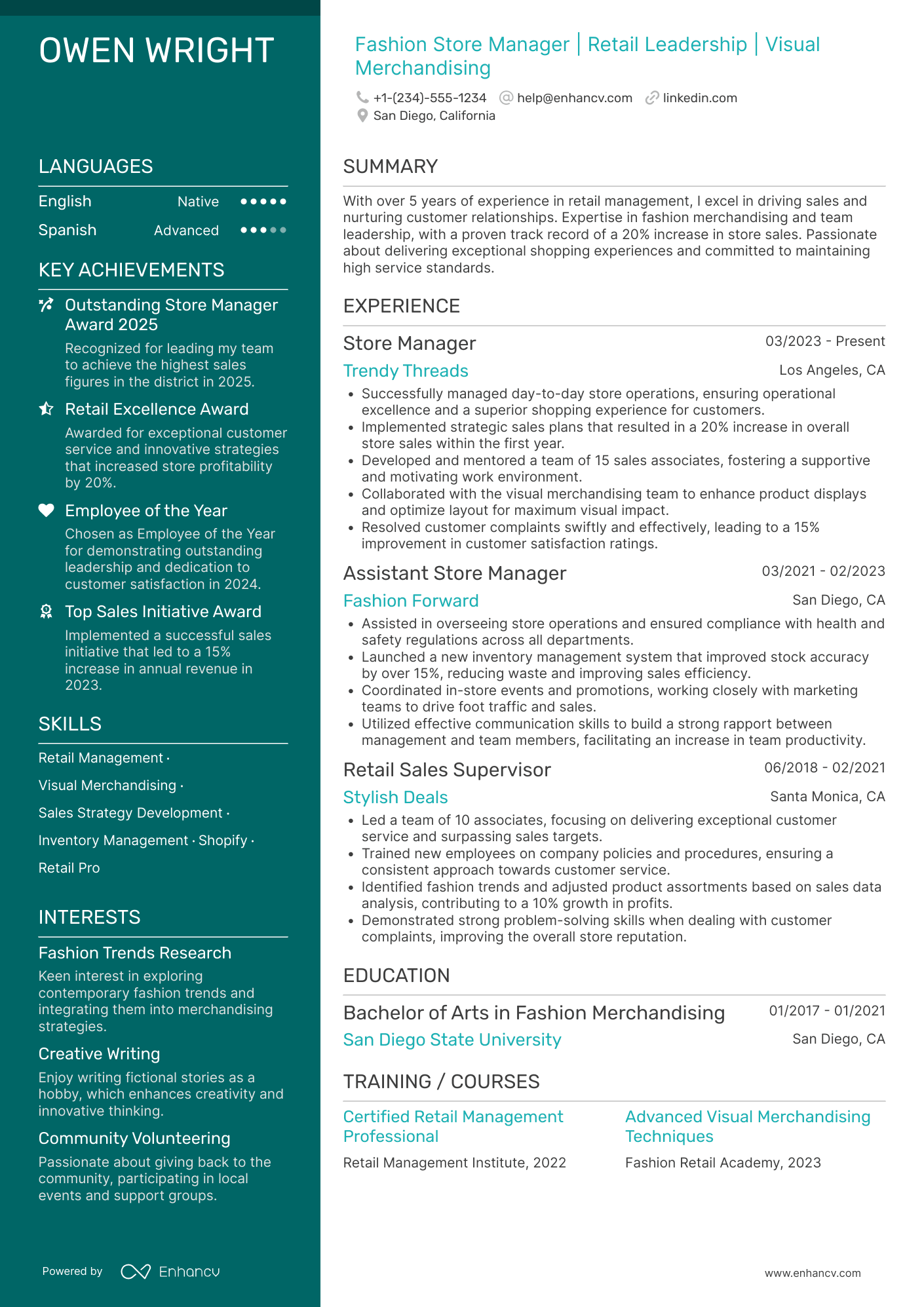 A resume example of a Fashion Store Manager