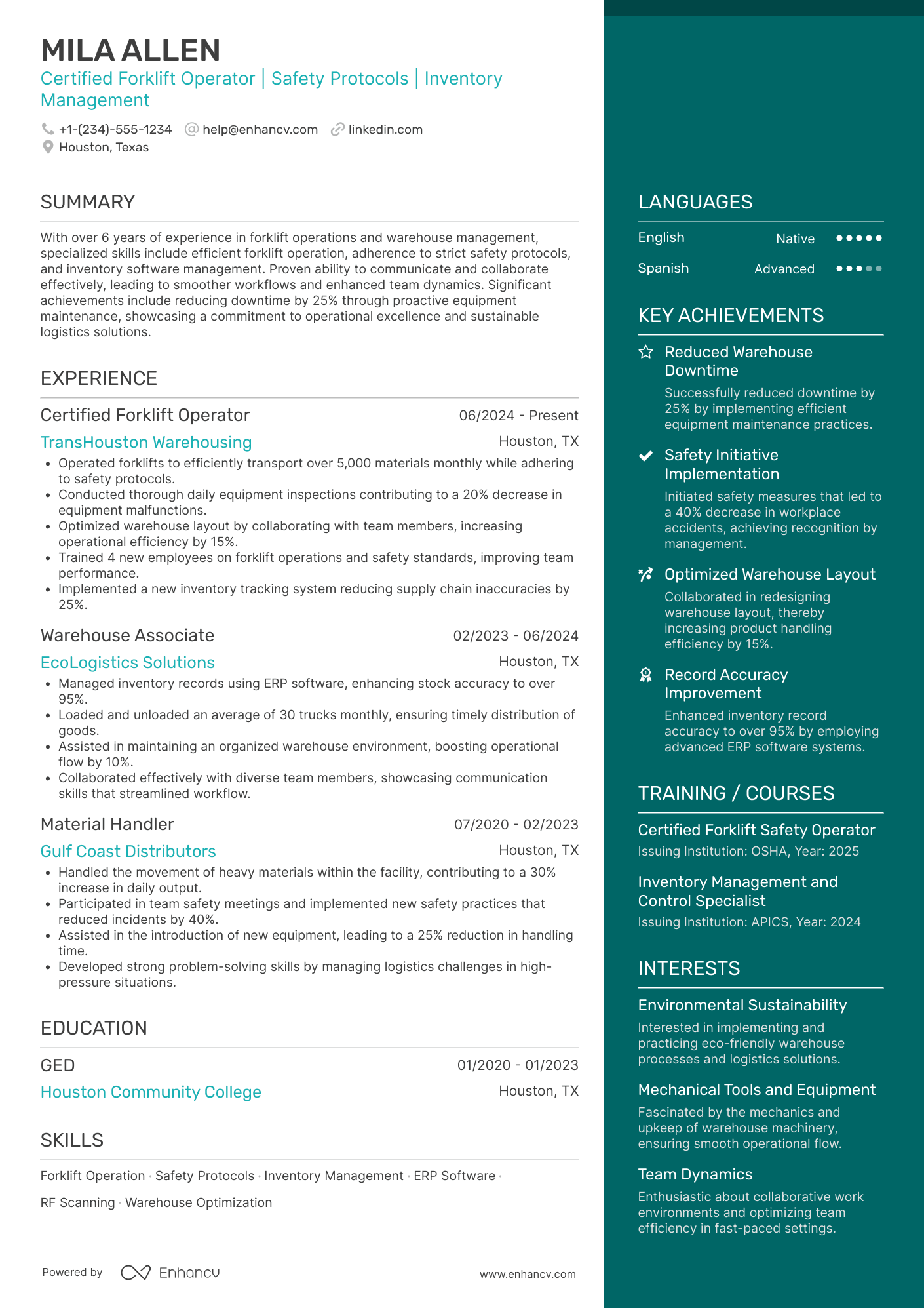 A resume example of a Certified Forklift Operator